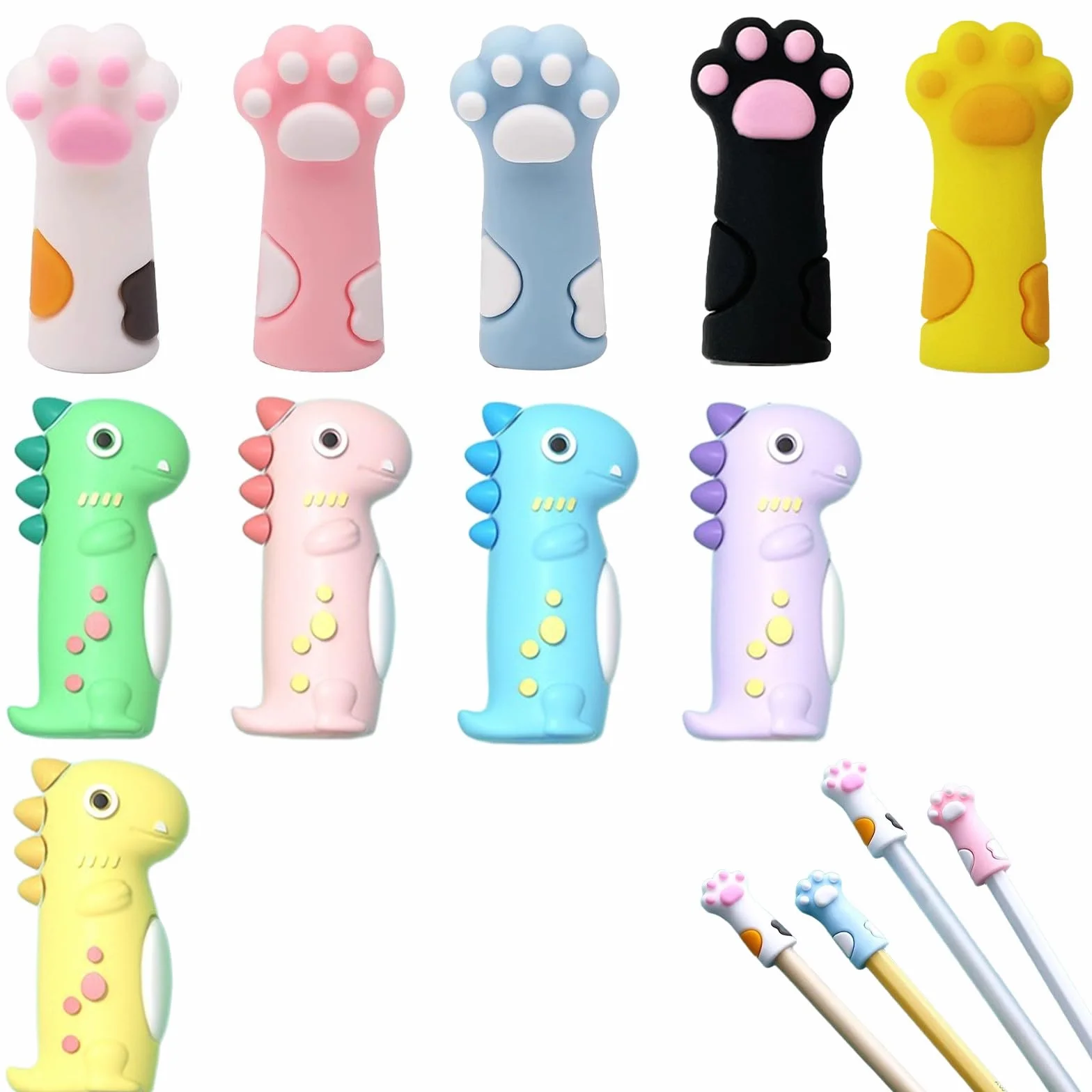Embouts de Crayon en Silicone, Crayon Empilable, Motifs Chat et Dinosaure, Capuchons de Protection pour Pointe de Stylo