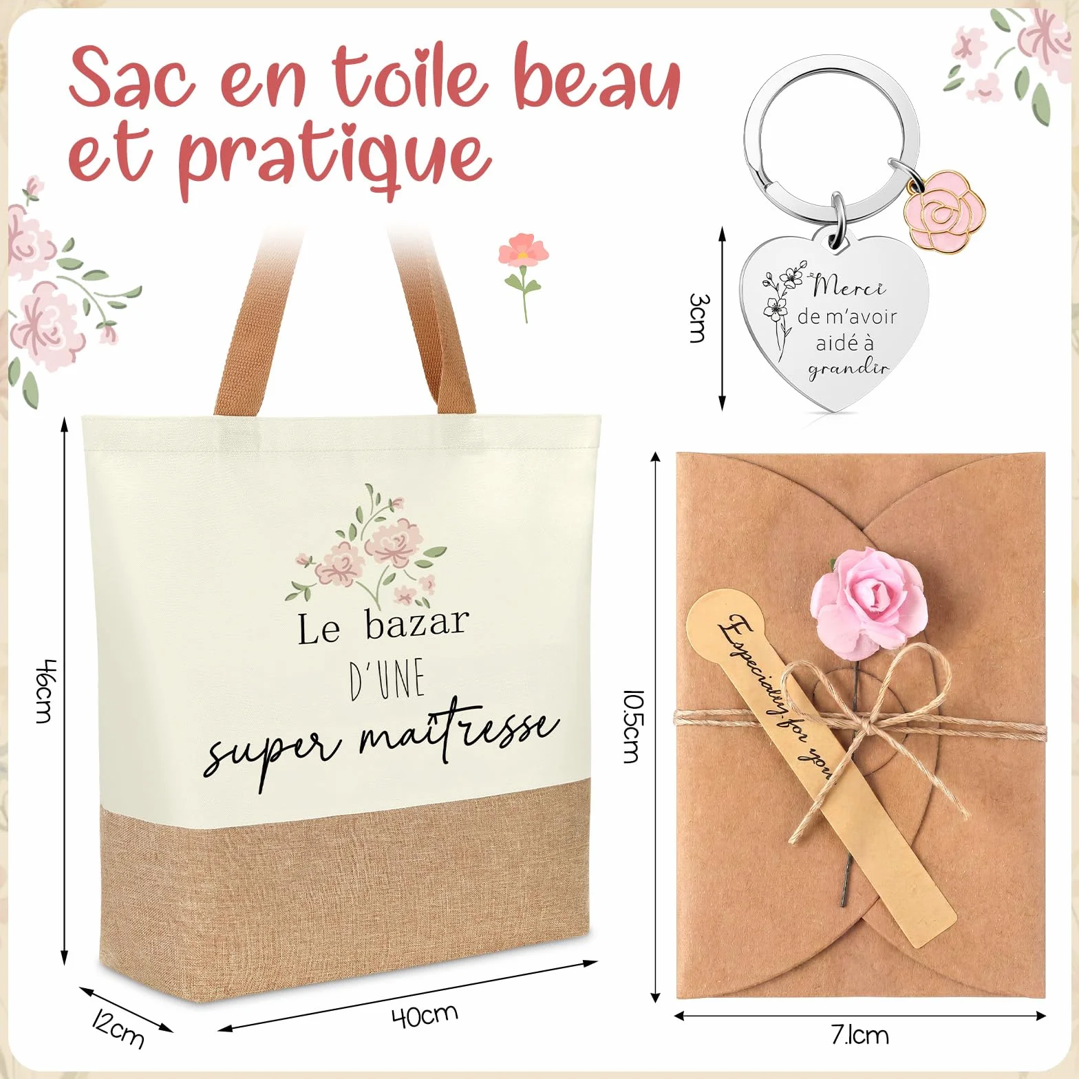 Sinmoe Cadeaux de Merci Maitresse Sac en Toile Porte-Clés Cahier Stylo Carte Enveloppe