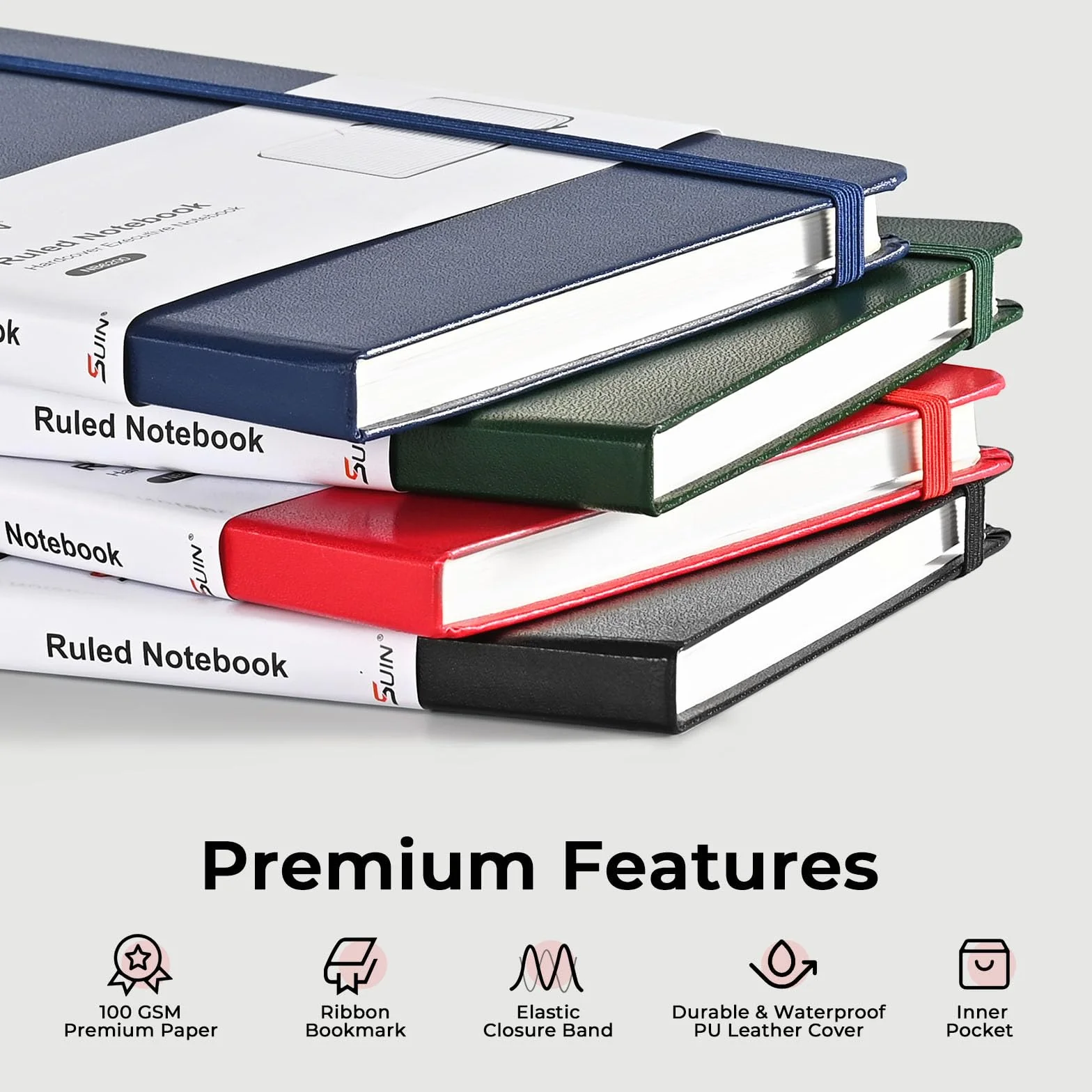 SUIN Carnet professionnel ligné couverture rigide A5 noir 100 g/m² cuir synthétique