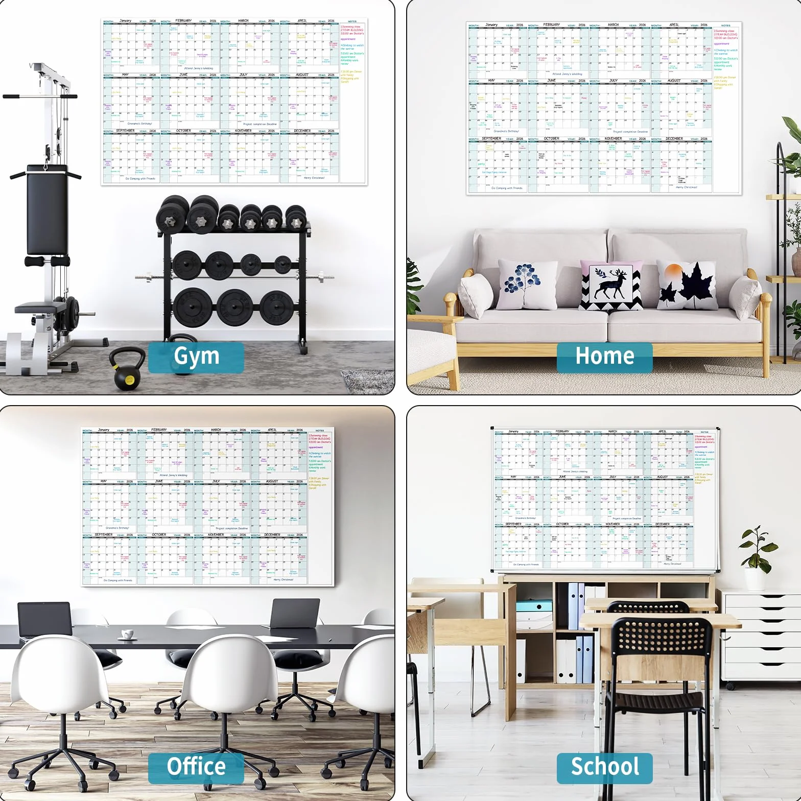 Grand planificateur mural non daté 147,3 x 94 cm calendrier extra large 12 mois effaçable à sec noir