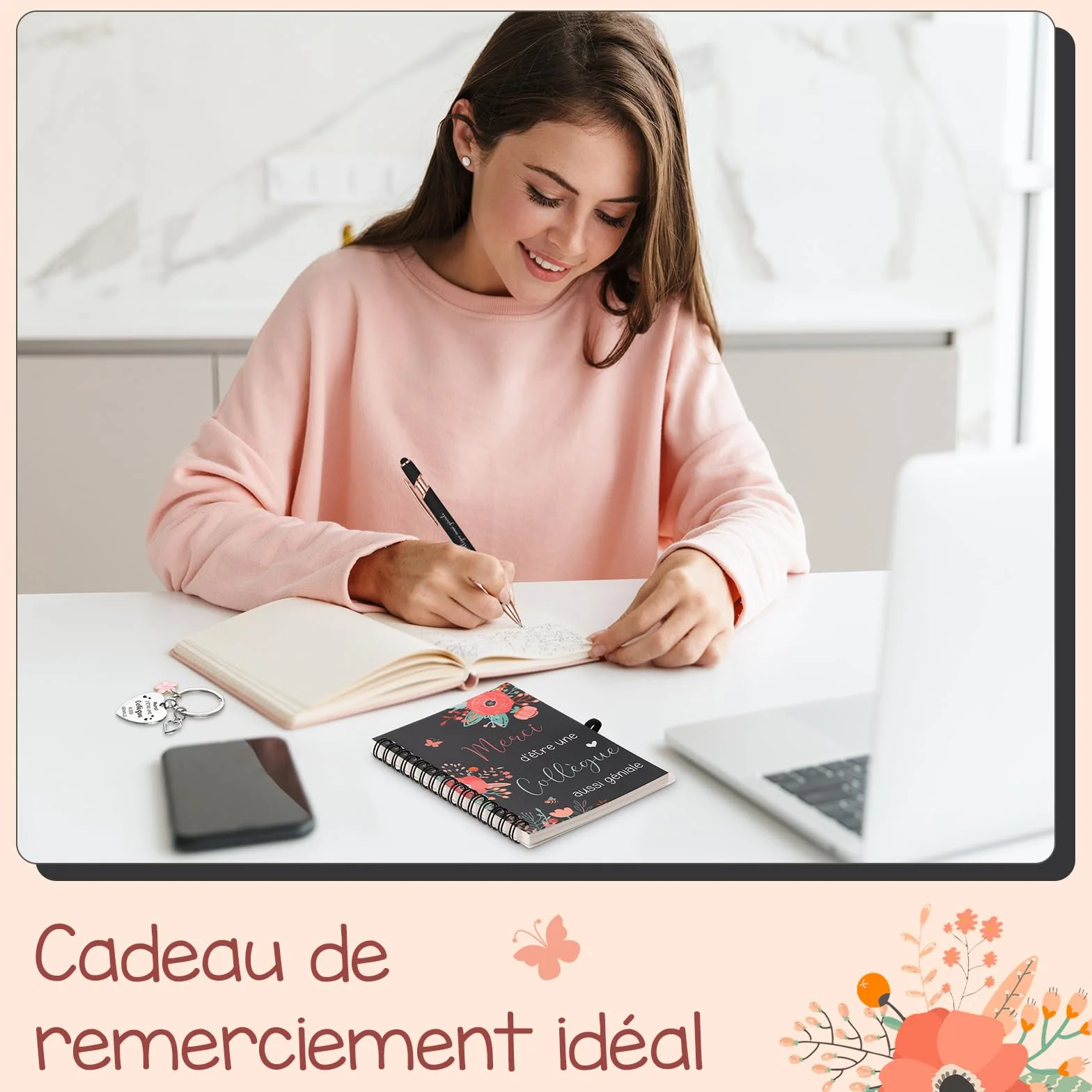 Sinmoe Cadeau pour Collègue Femme Set 3 Pièces Mini Carnet Spirale Stylo Noir Porte-Clé Fleur Départ Retraite