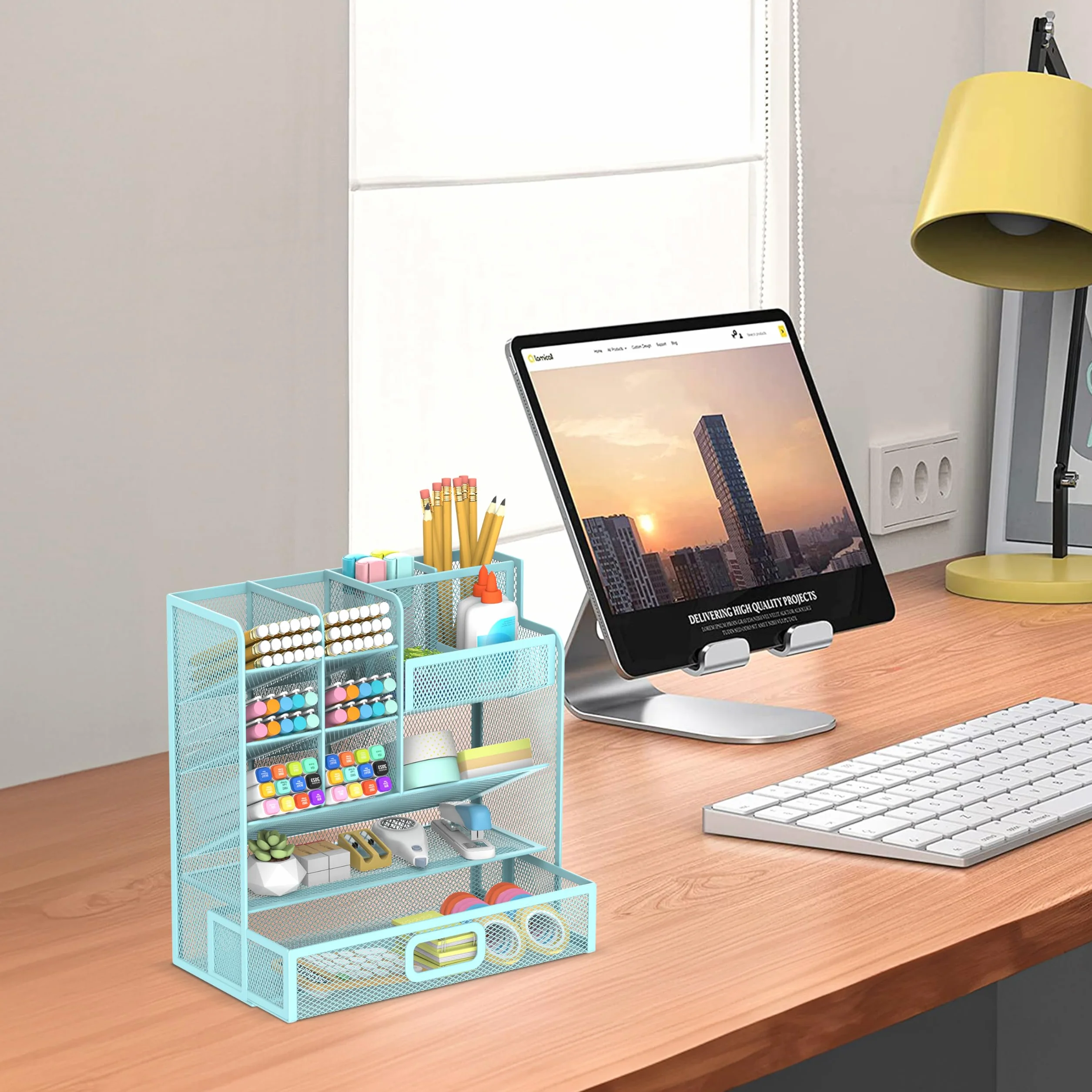SUPEASY Porte-stylo organiseur bureau maille métallique bleu