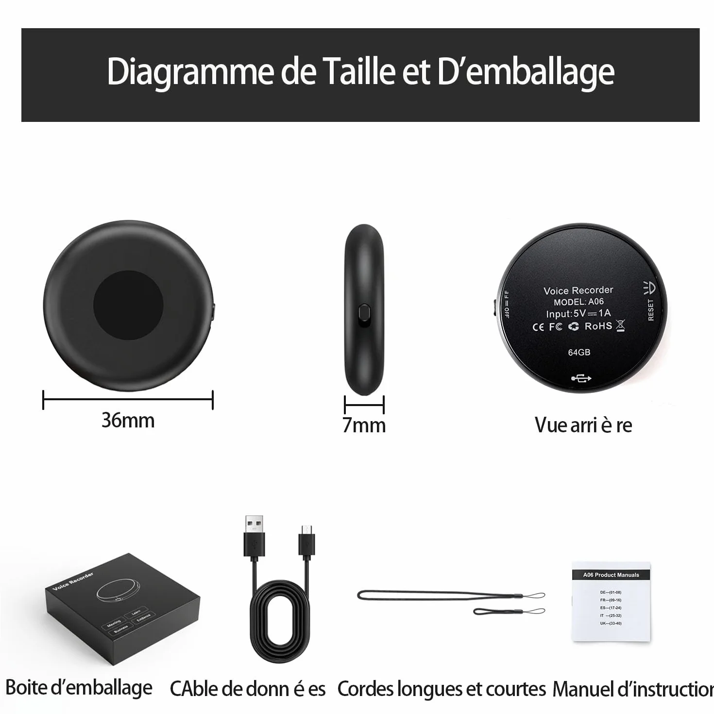 Enregistreur Vocal Espion Discret 64 Go Rechargeable USB Mini Dictaphone