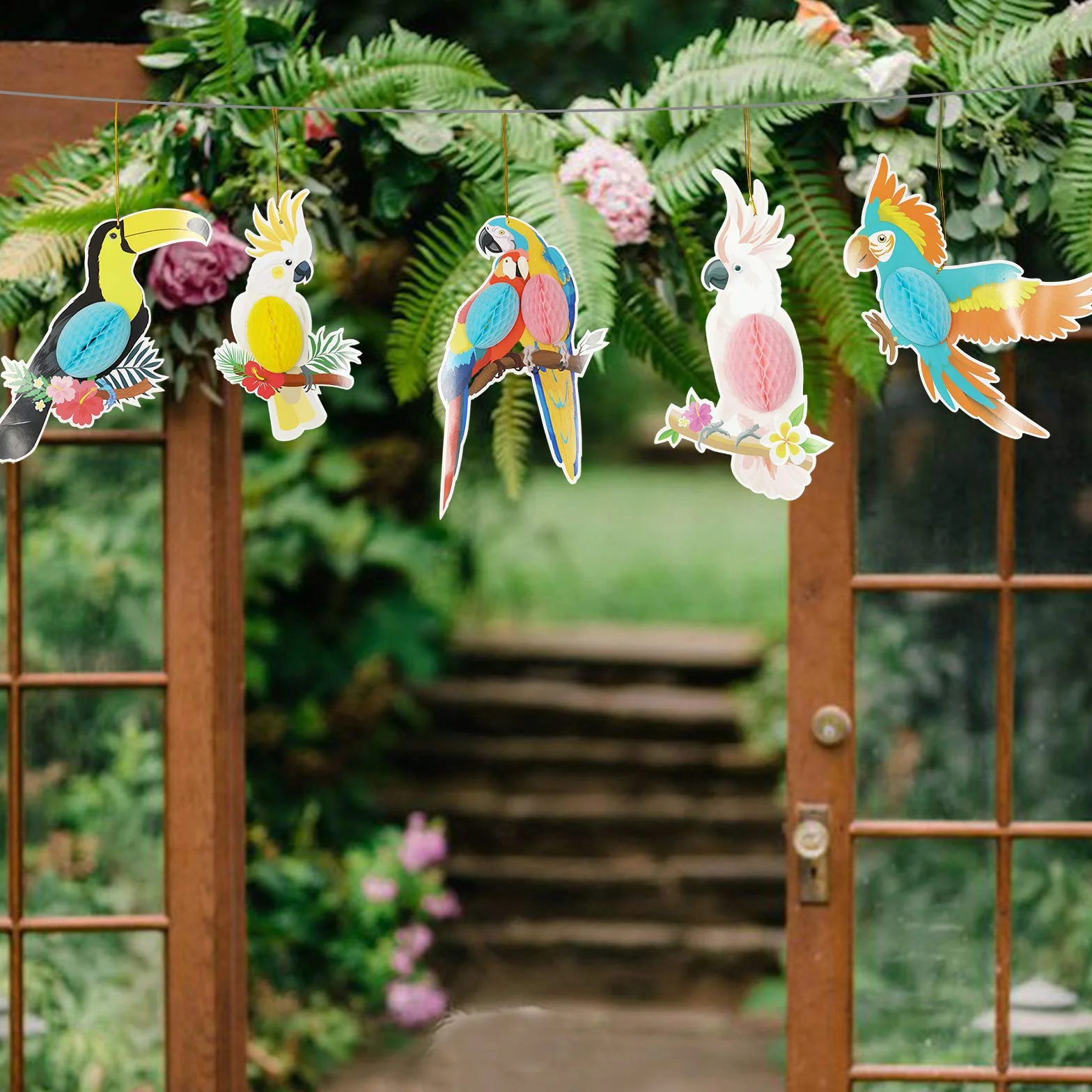 12 Pièces Découpes de Papier Nid D'abeille Oiseaux Tropicaux Perroquet Décorations Suspendues pour Fête Hawaïenne
