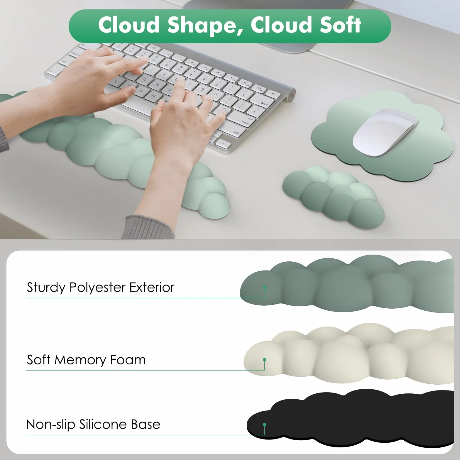 MoKo Repose-Poignets Ergonomique en Nuage pour Clavier et Souris, Polyester Durable, Vert