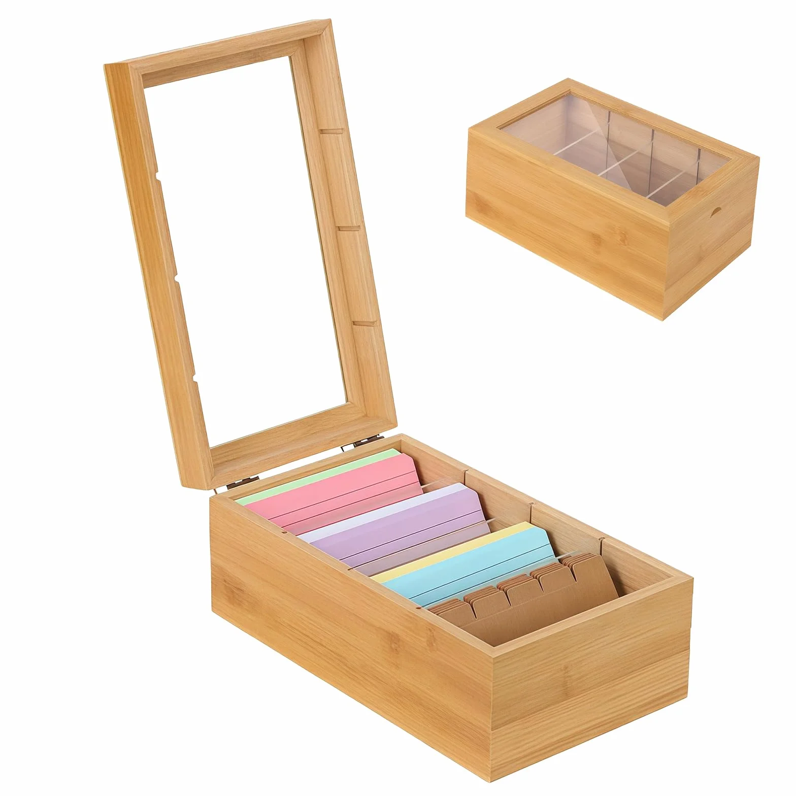 Boîte à fiches en bois A7 avec couvercle et fenêtre - Boîte de rangement pour cartes d'apprentissage