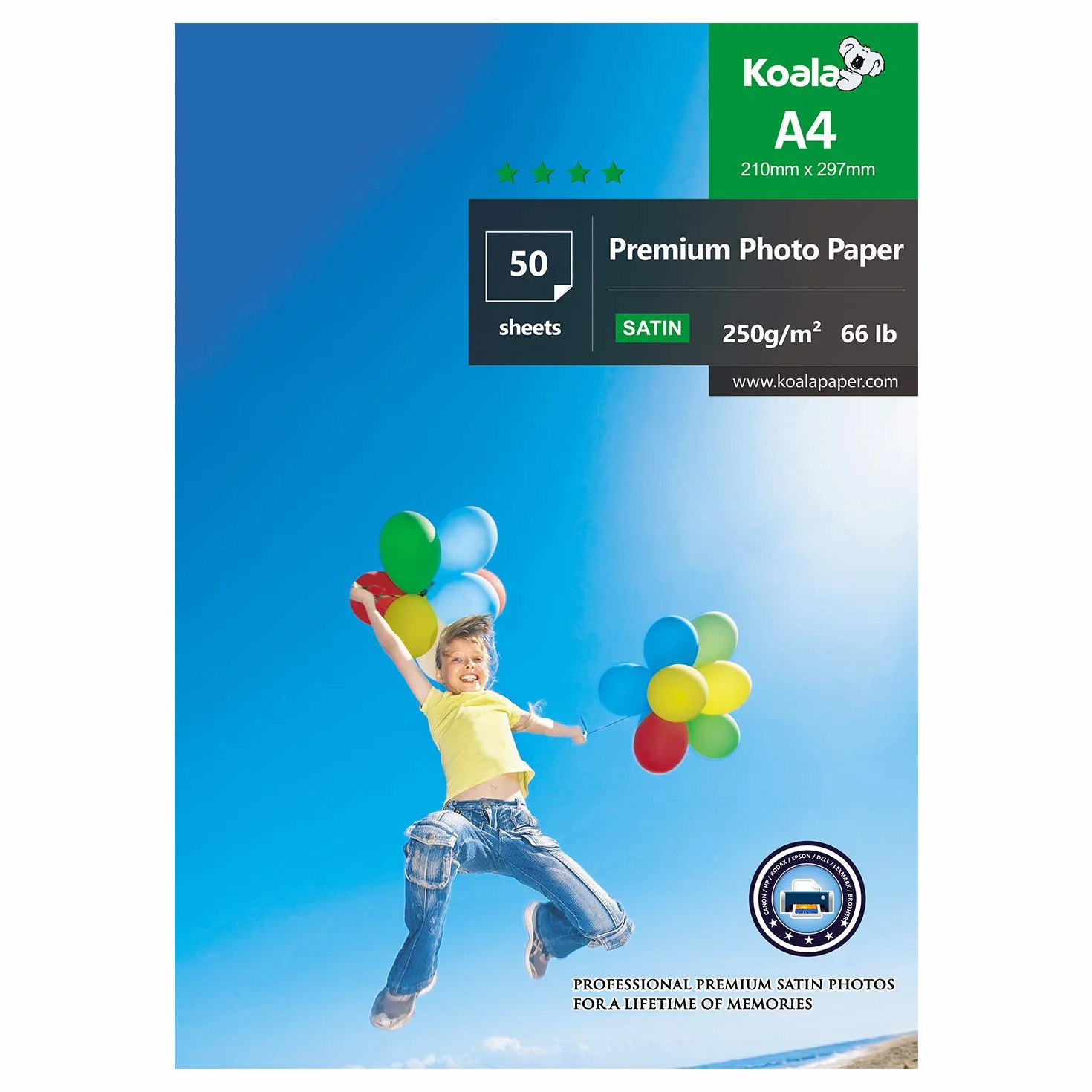 KOALA Papier photo Satiné A4 250g/m² 50 feuilles pour imprimante jet d'encre Canon HP Epson
