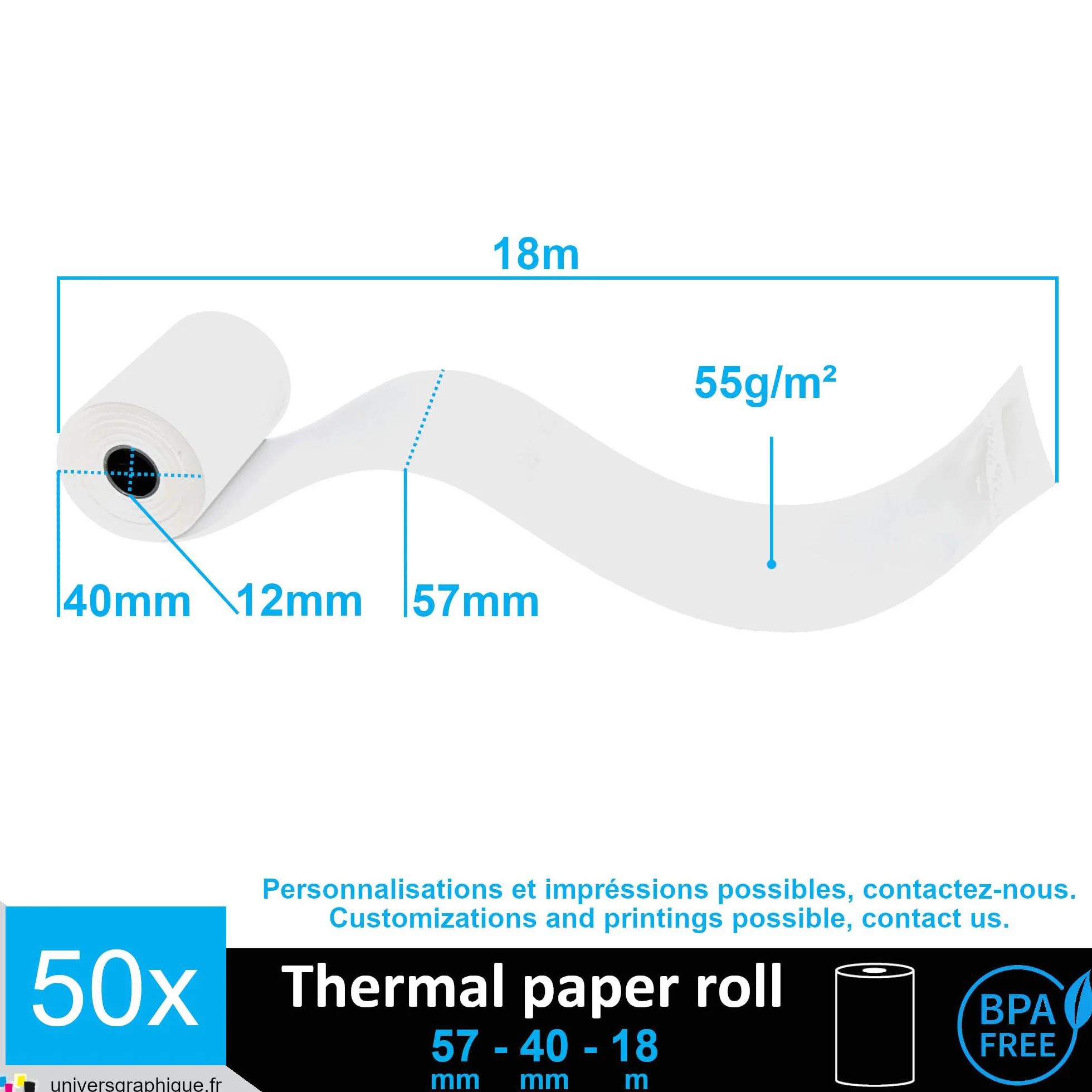 UNIVERS GRAPHIQUE Bobine carte bancaire thermique 57 x 40 x 12 mm papier thermique TPE