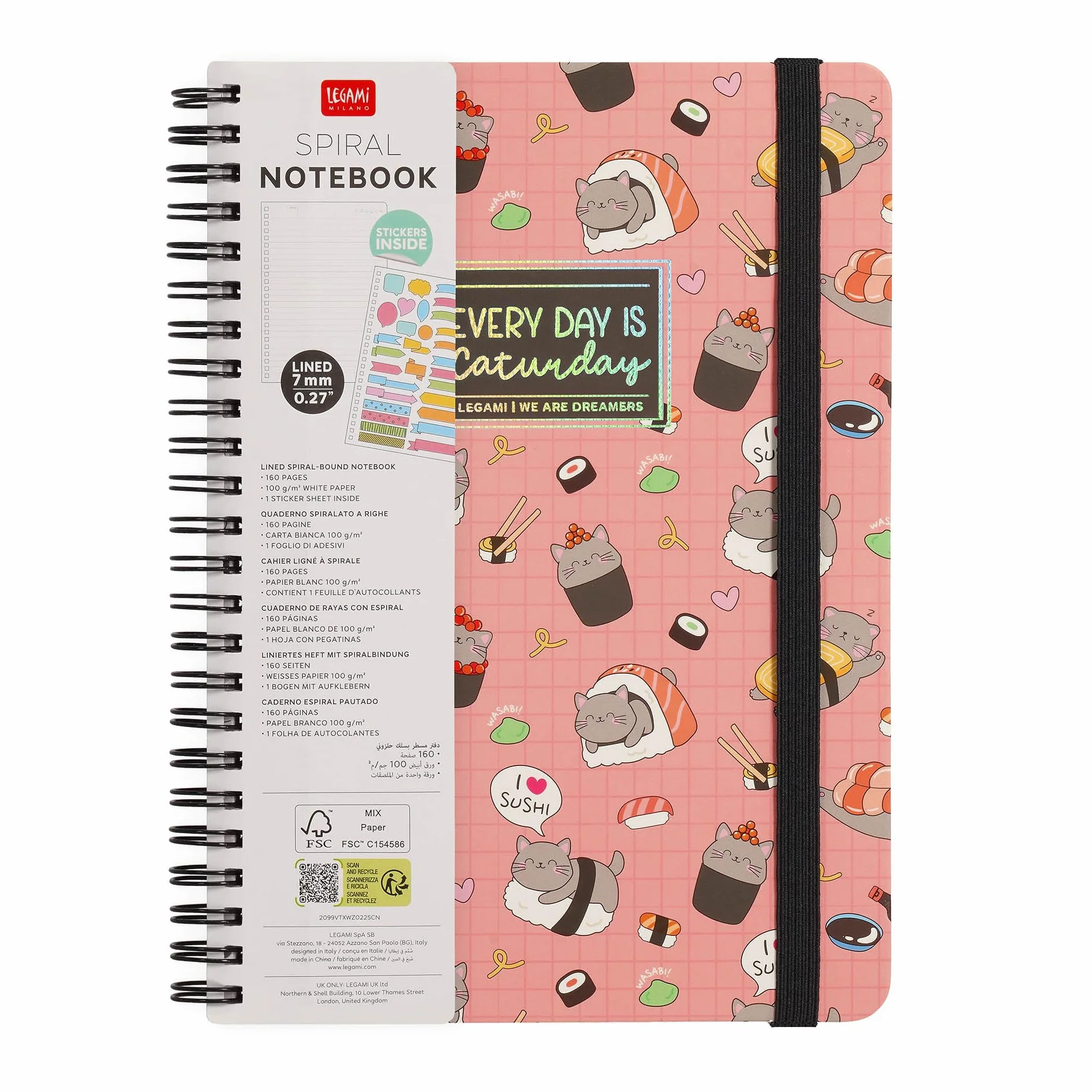 LEGAMI Cahier à spirales ligné 7 mm A4 Sushi Cat 160 pages Fermeture élastique 15 x 21 cm