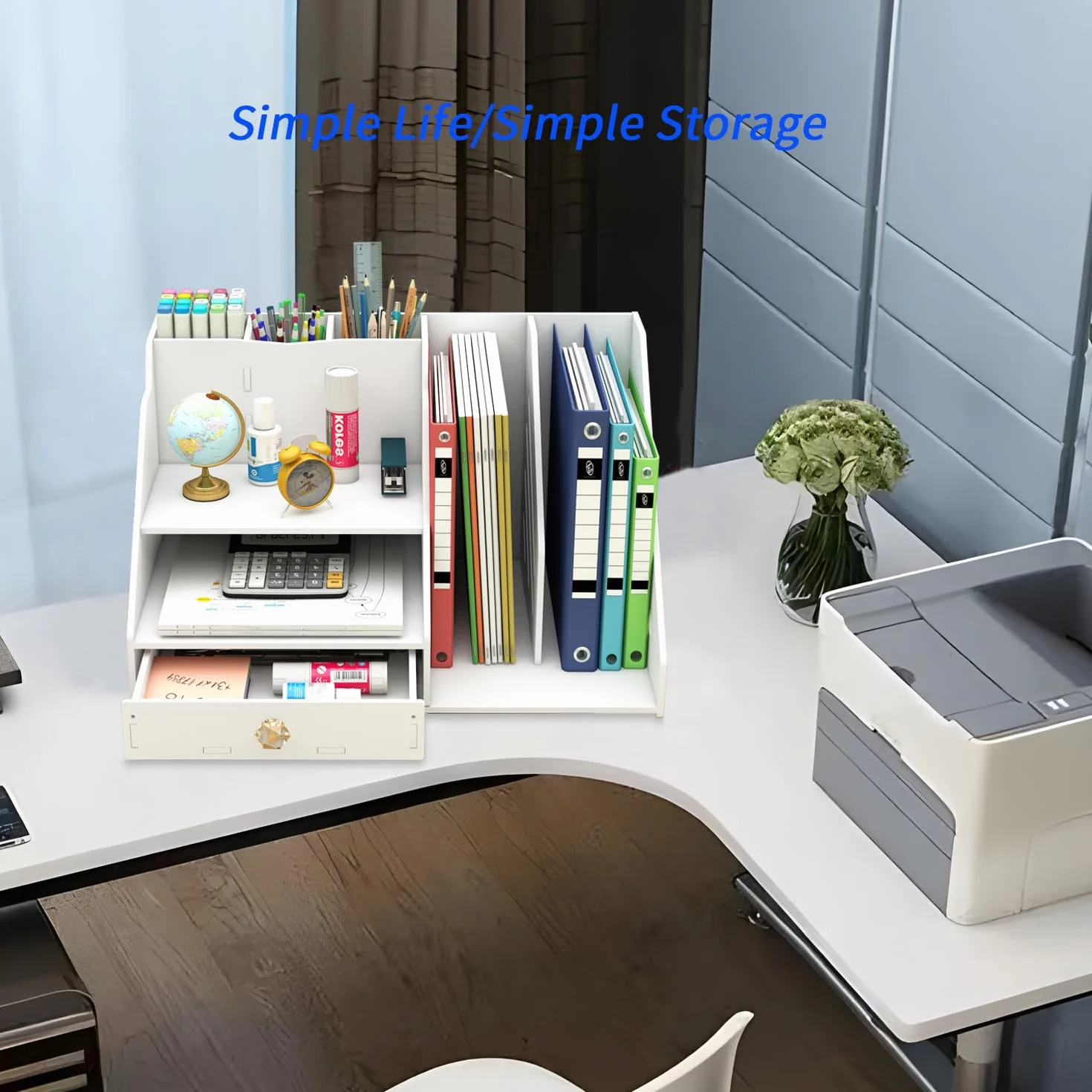 Bureau Organisateur avec Porte Documents et Tiroir, Rangement Blanc 3 Porte Stylos