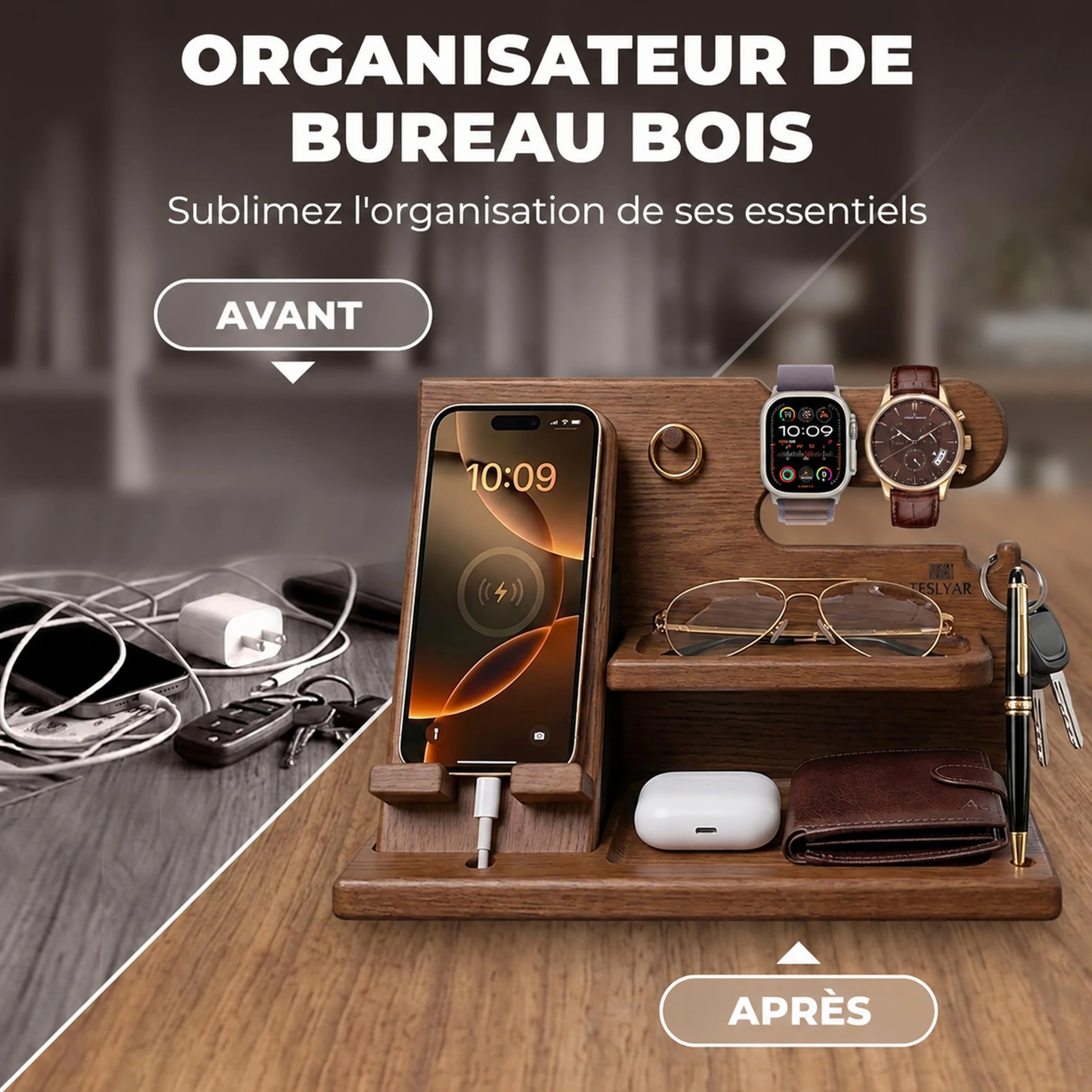 Organisateur de Bureau en Bois avec Support Téléphone et Montre, Station d’Accueil, Docking Station, Beige