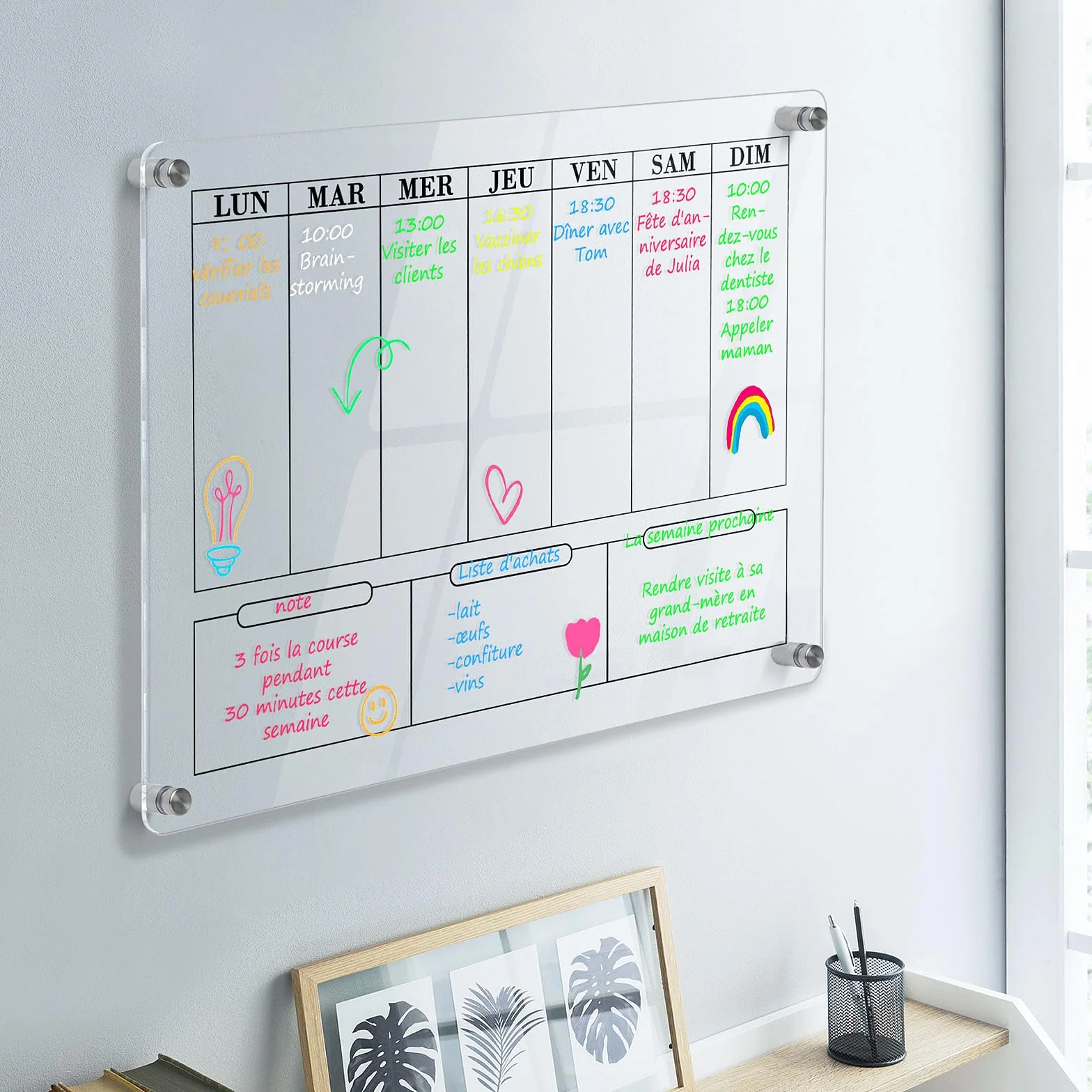 POPRUN Tableau Blanc Calendrier Mural Planning Semainier Mensuel Transparent Effaçable Planificateur Hebdomadaire Organisateur Familial