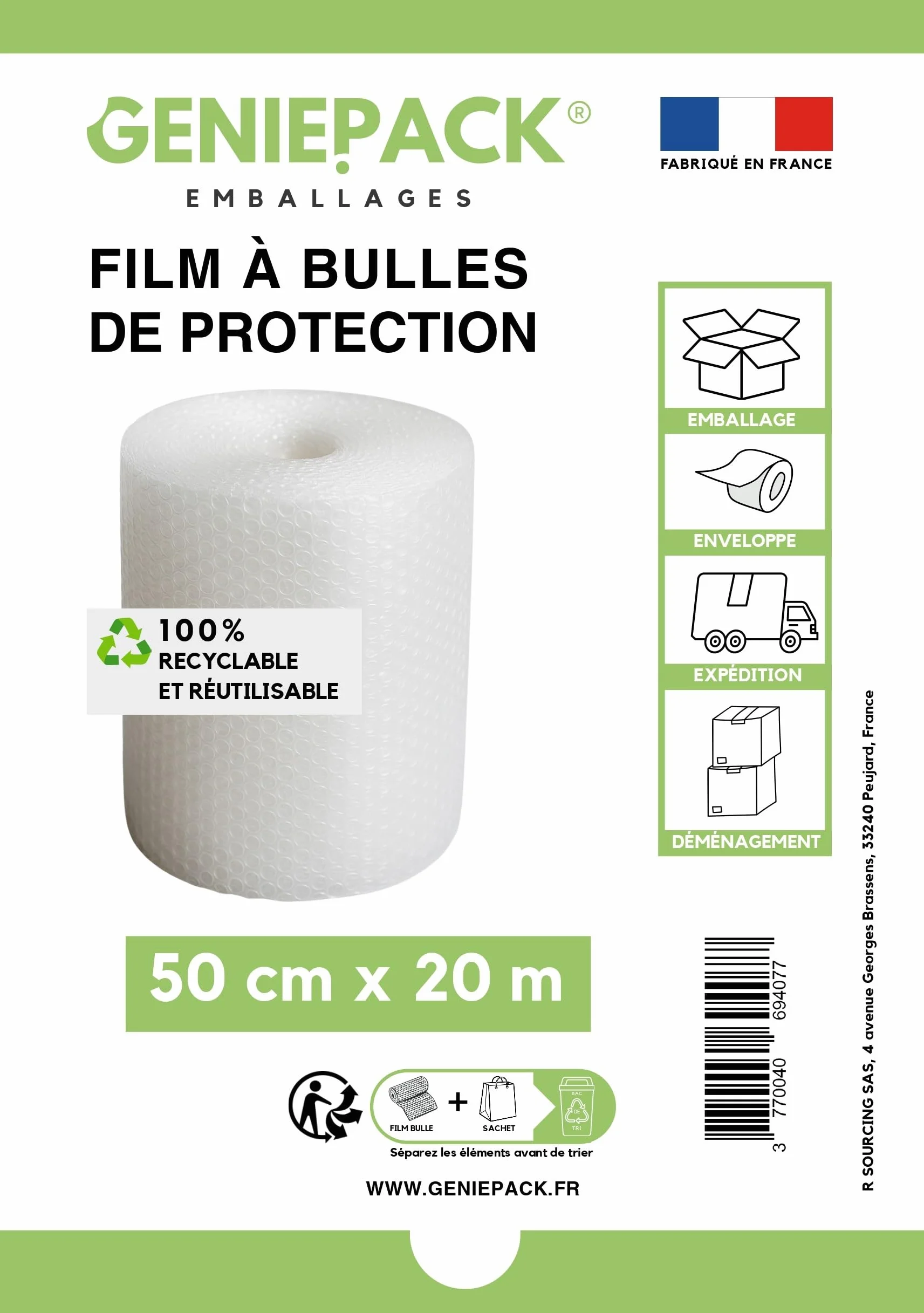 Rouleau Papier Bulle Film À Bulles 50 cm x 20 m Bulles 10mm Protection Emballage Colis Antichoc