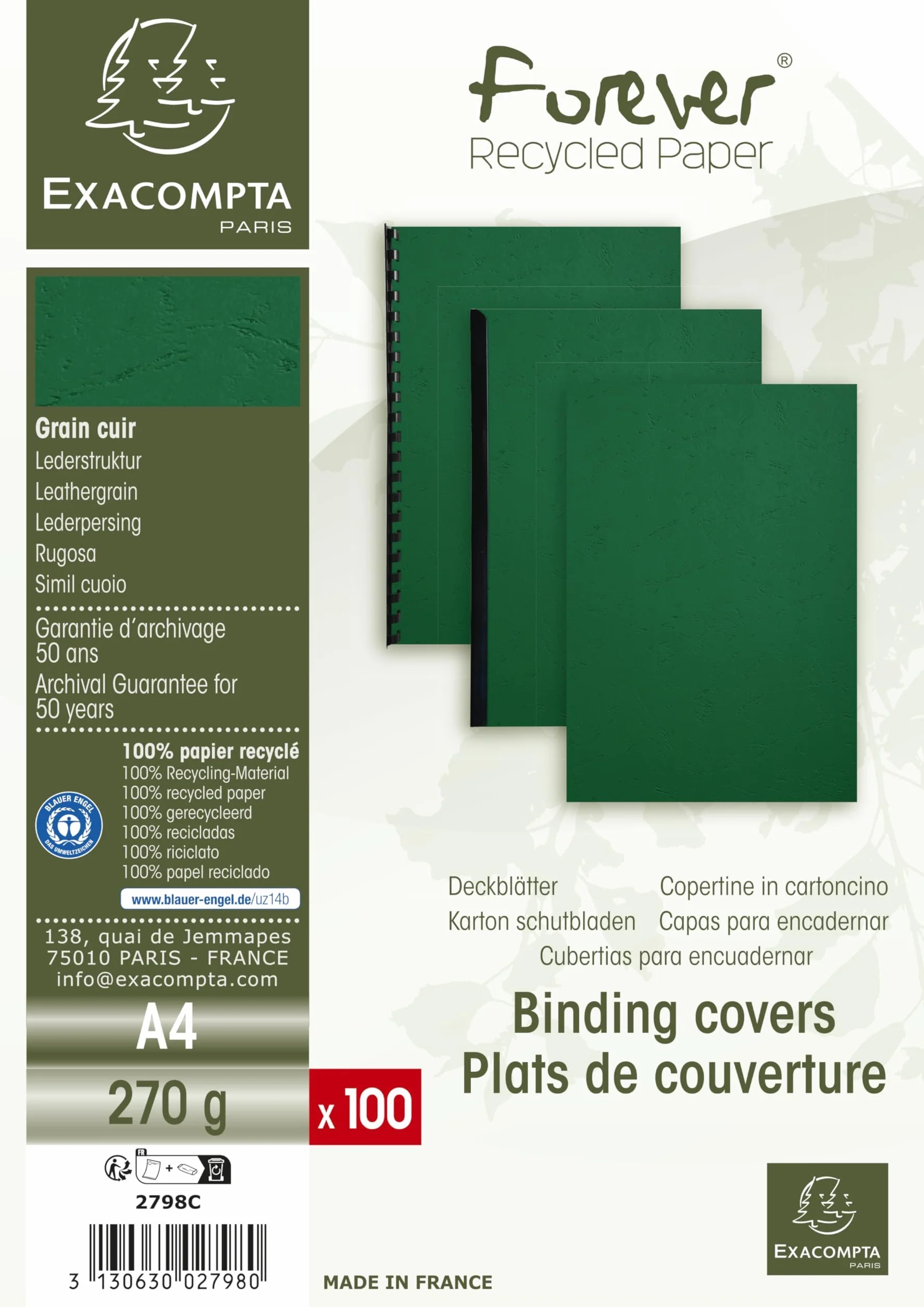 Forever A4 270 g/m² Grain Cuir à anneaux Coque Vert foncé lot de 100
