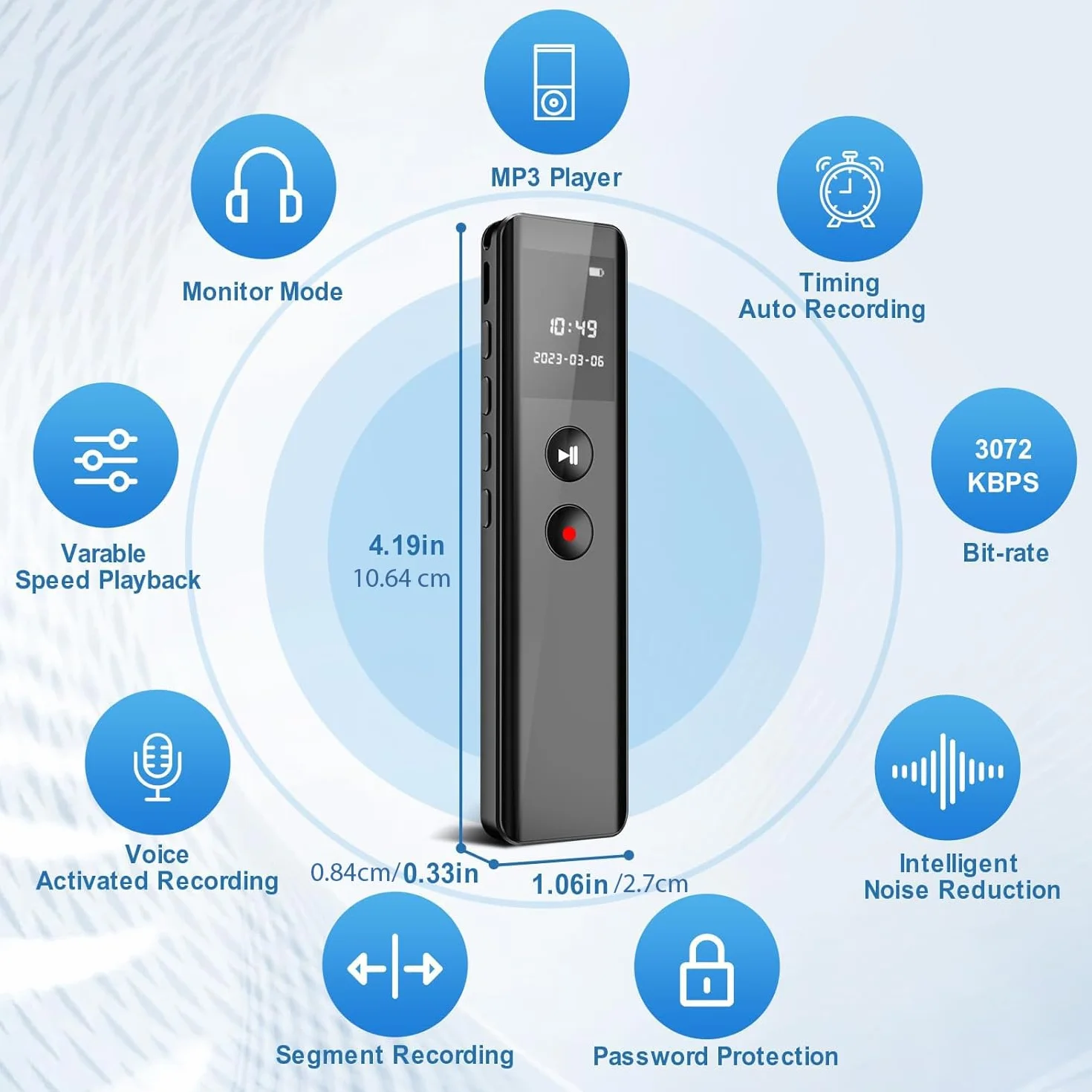 Enregistreur Vocal Numérique 128 Go Activation Vocale Enregistrement Une Touche 3072 Kbps