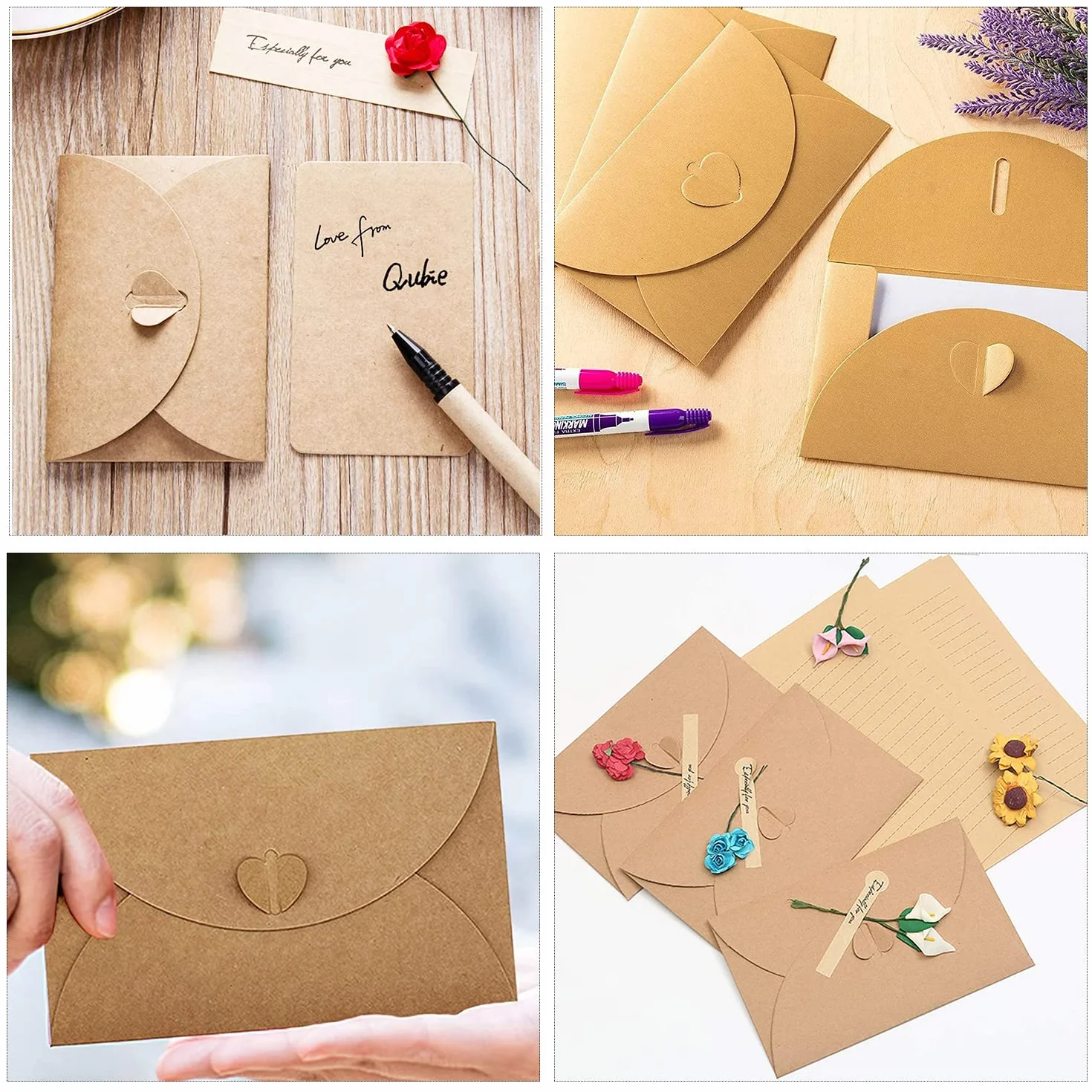 Enveloppes en Papier Kraft 50pcs 17.5x11cm Mini Enveloppe Carte Cadeau avec Coeur Fermoir
