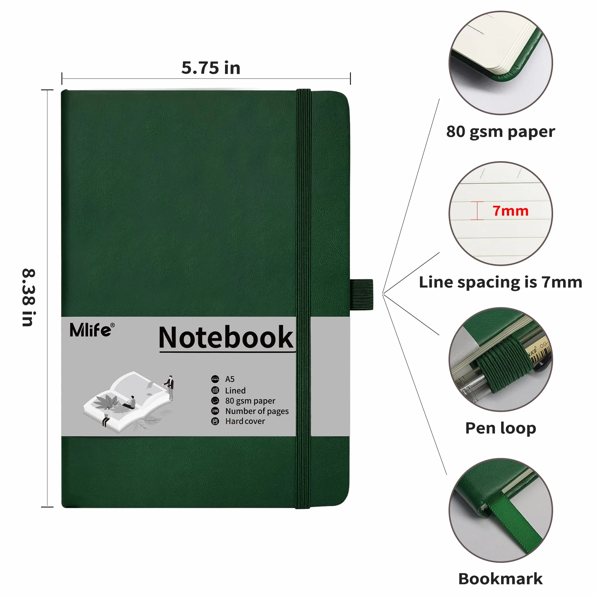 Carnet de Notes A5 Ligné 192 Pages Couverture Rigide avec Bande Élastique et Poche Pliable Cuir The Pro Vert