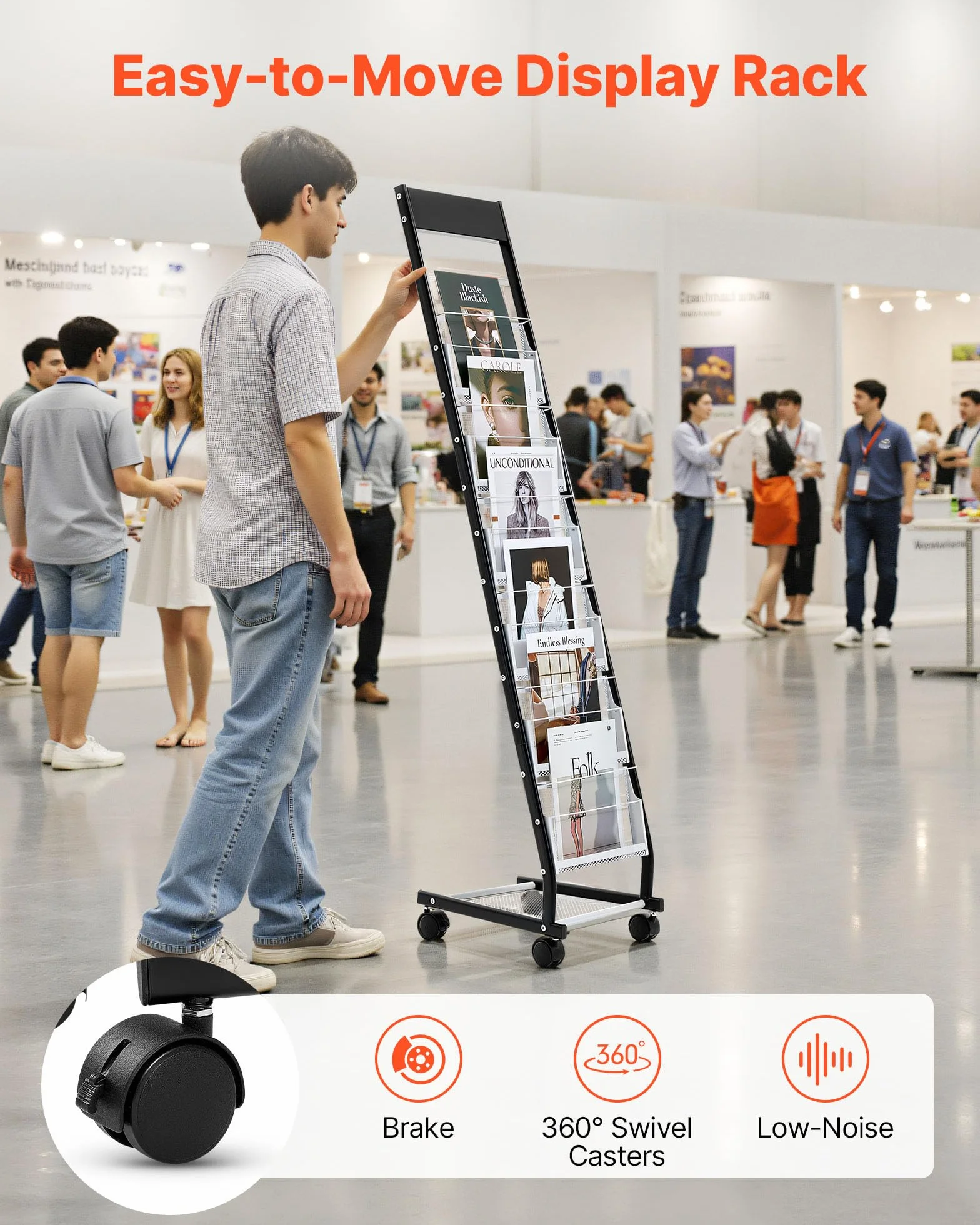 VEVOR Présentoir à brochures 6 niveaux, porte-brochures sur pied avec roulettes, porte-revue en métal mobile pour expositions