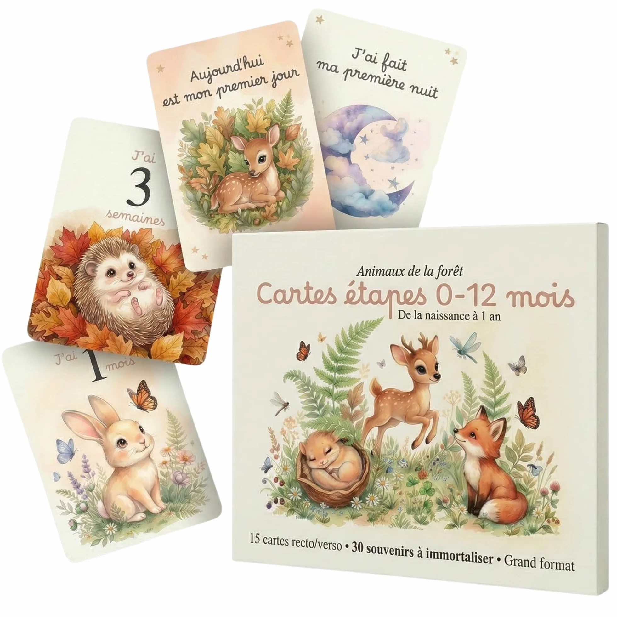Cartes étapes bébé 0-12 mois Animaux de la forêt 15 cartes grand format 13x18 cm recto/verso Fabriqué en France