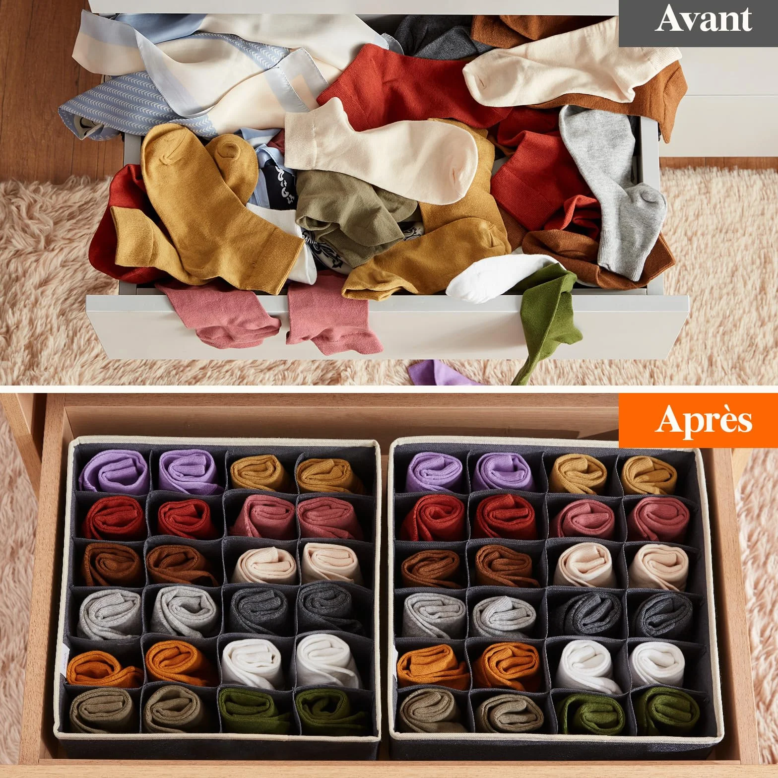 Lifewit Lot de 8 Organisateurs Tiroirs Pliables en Tissu 24 Compartiments Gris