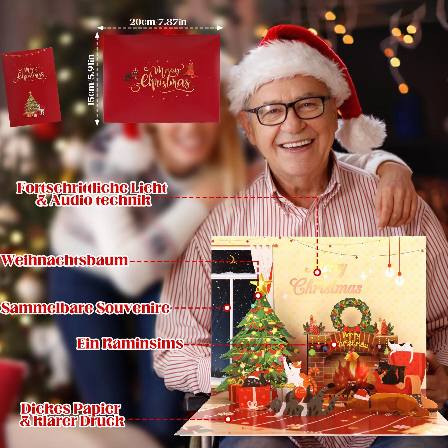 Carte de Noël pop-up 3D avec musique pour enfants, garçons, filles