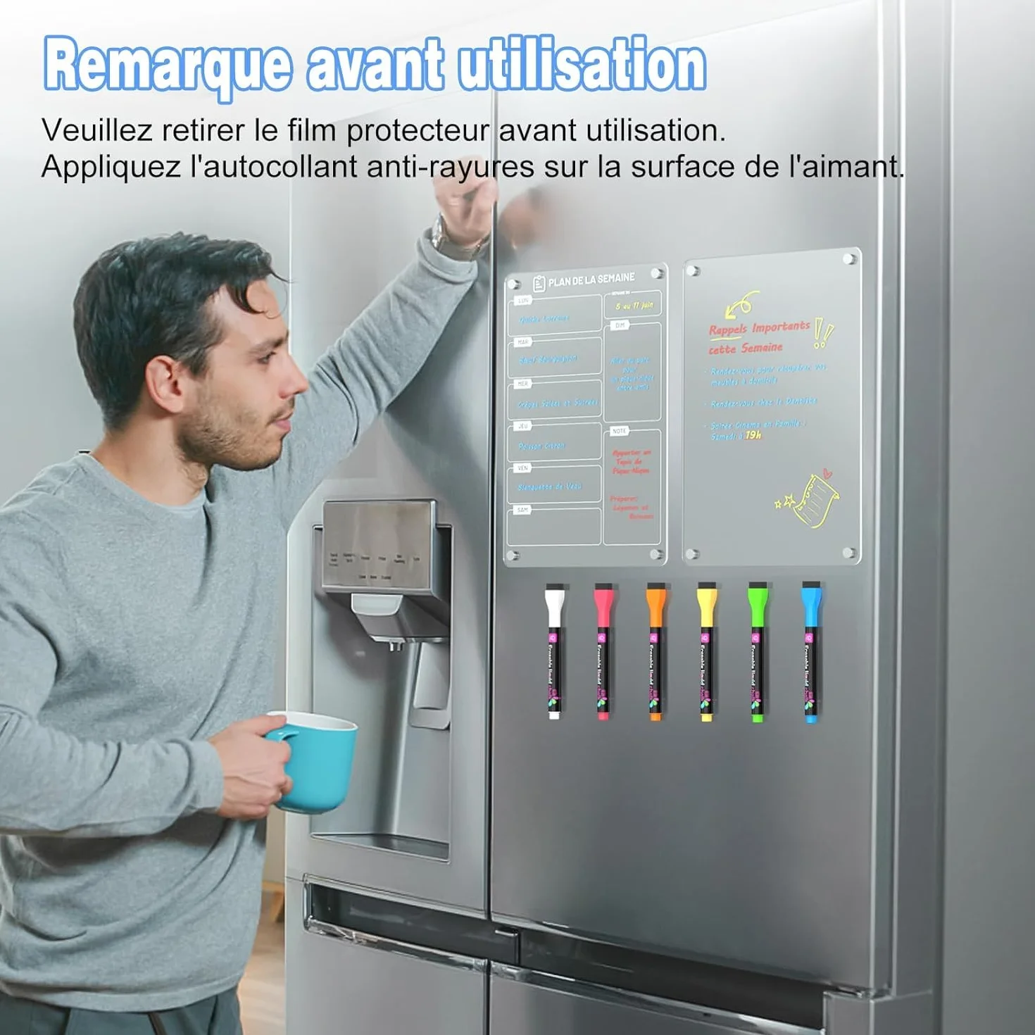 Lot de 2 Tableaux Magnétiques Frigo 30x20 cm avec Marqueur à Craie Liquide 6 Couleurs