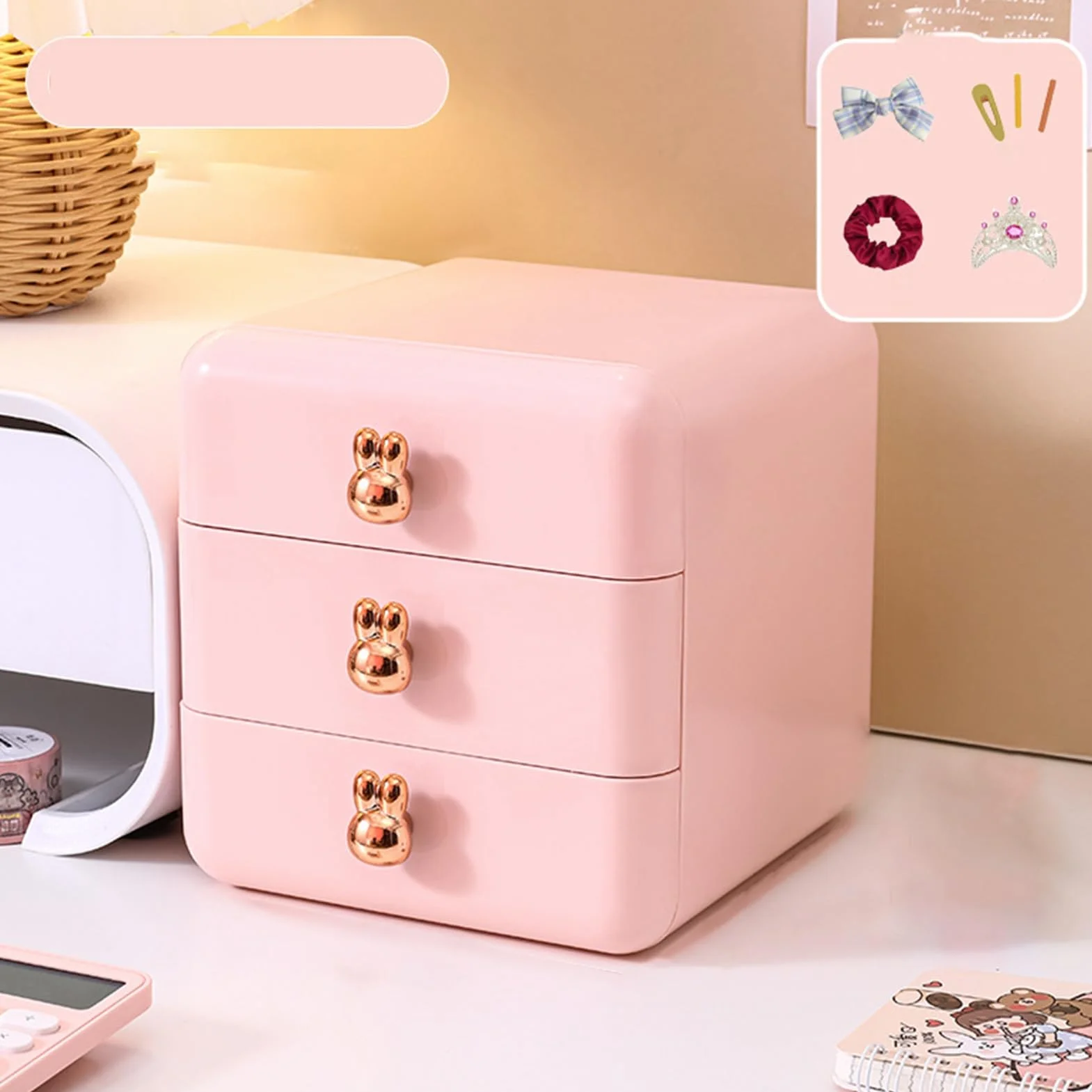 Boîte de Rangement à Tiroir Plastique 3 Couches Rose pour Bureau
