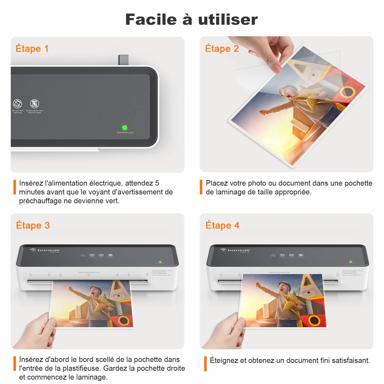 Bonsaii Plastifieuse A4 L421-A, 80-100 microns, anti-bourrage, 5 films inclus