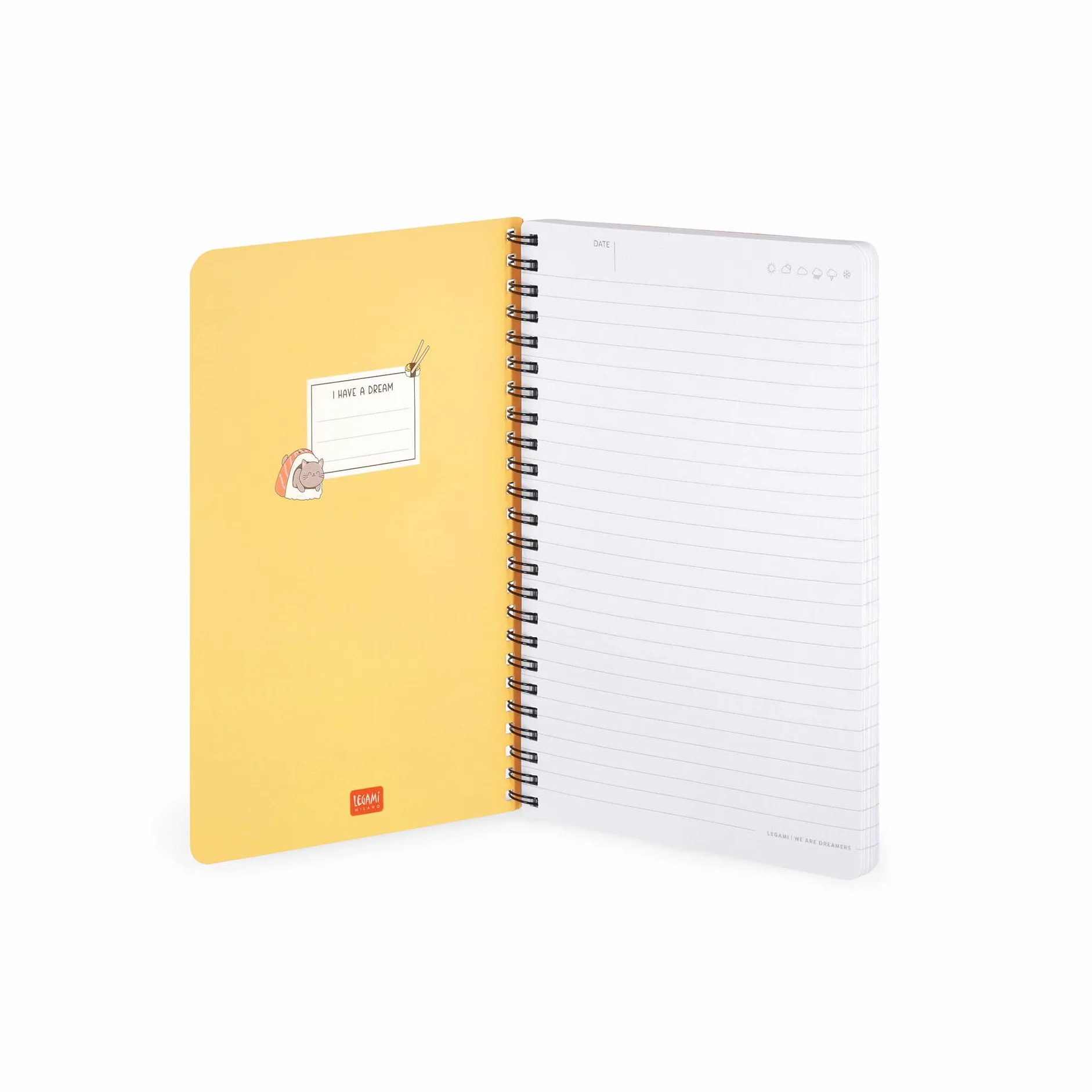 LEGAMI Cahier à spirales ligné 7 mm A4 Sushi Cat 160 pages Fermeture élastique 15 x 21 cm