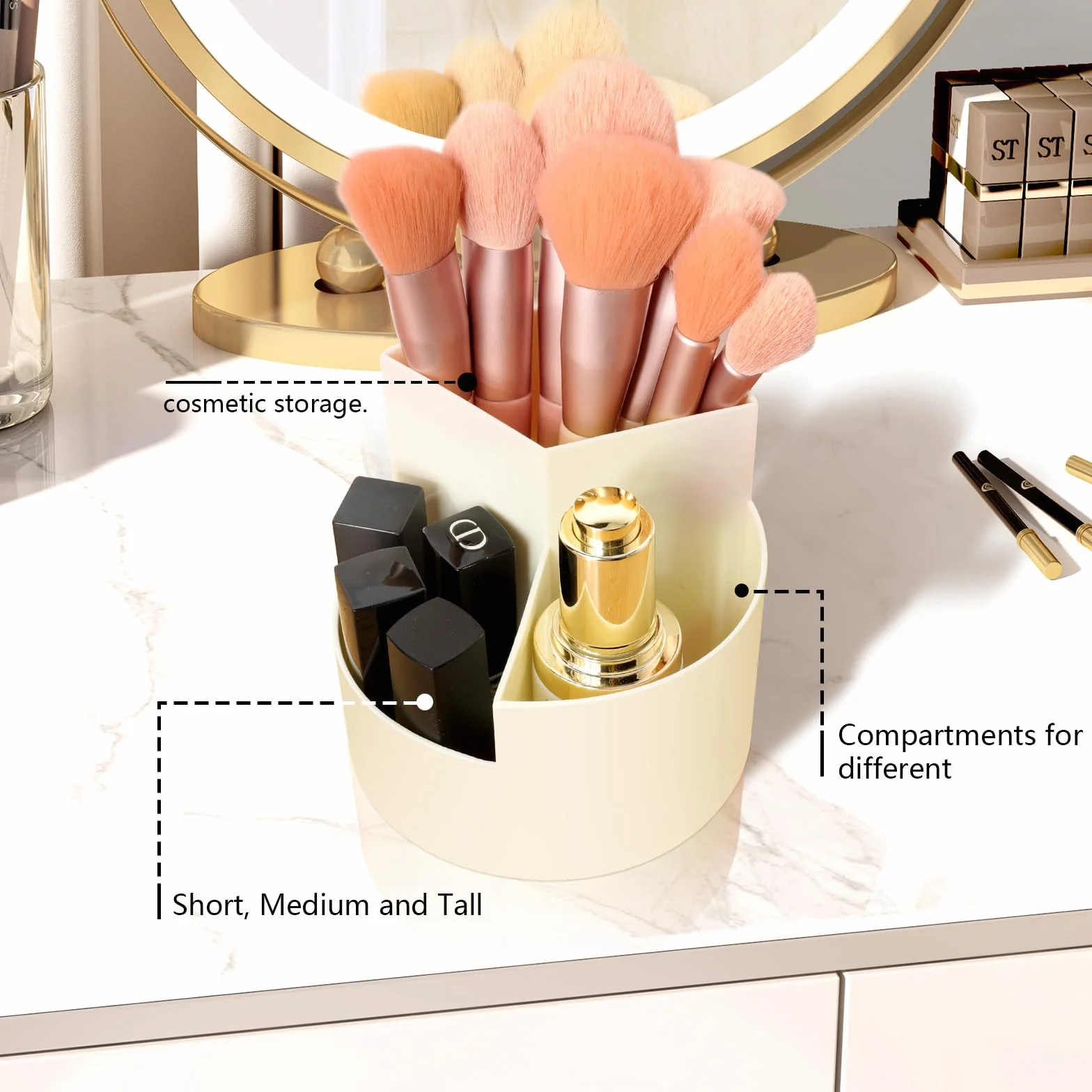 Rotatif Pot à Crayon, Porte-Stylos Pivotant à 360 Degrés avec 3 Compartiments, Rangement de Bureau Grande Capacité - Blanc