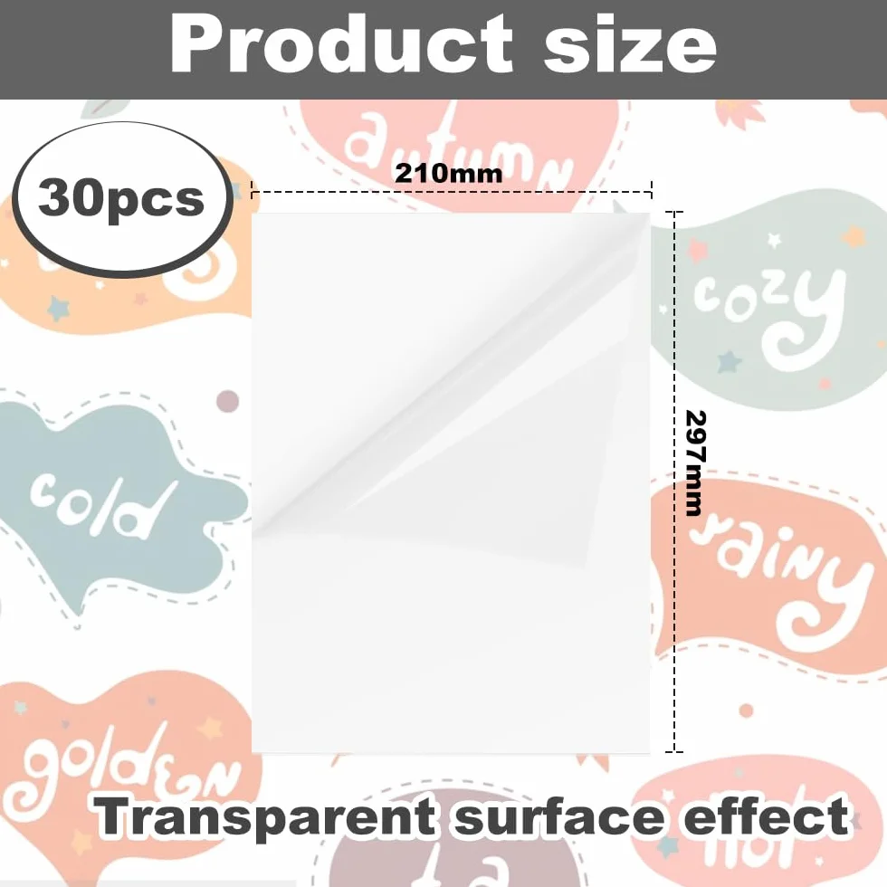 ADERTOS étiquettes autocollantes vinyle transparent 297x210 mm lot 30 feuilles imprimante jet d'encre laser