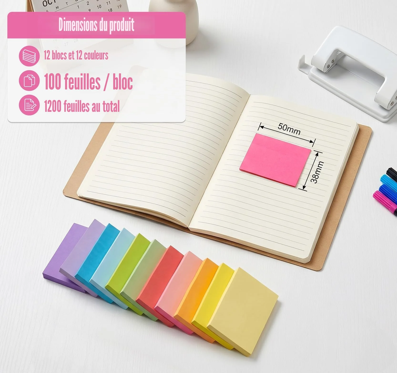 Agoer 1200 Feuillets Notes Super Sticky Notes, 50 x 38mm, 12 Couleurs, 12 Blocs, Mini Notes Adhésives Réutilisables pour Bureau