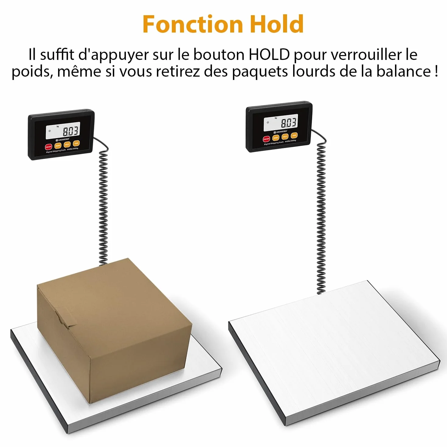 UNIWEIGH Balance Colis Postale Numérique 440lb x 10g, Plateaux en acier Inoxydable, Pese Colis avec affichage Hold/Tare/LCD