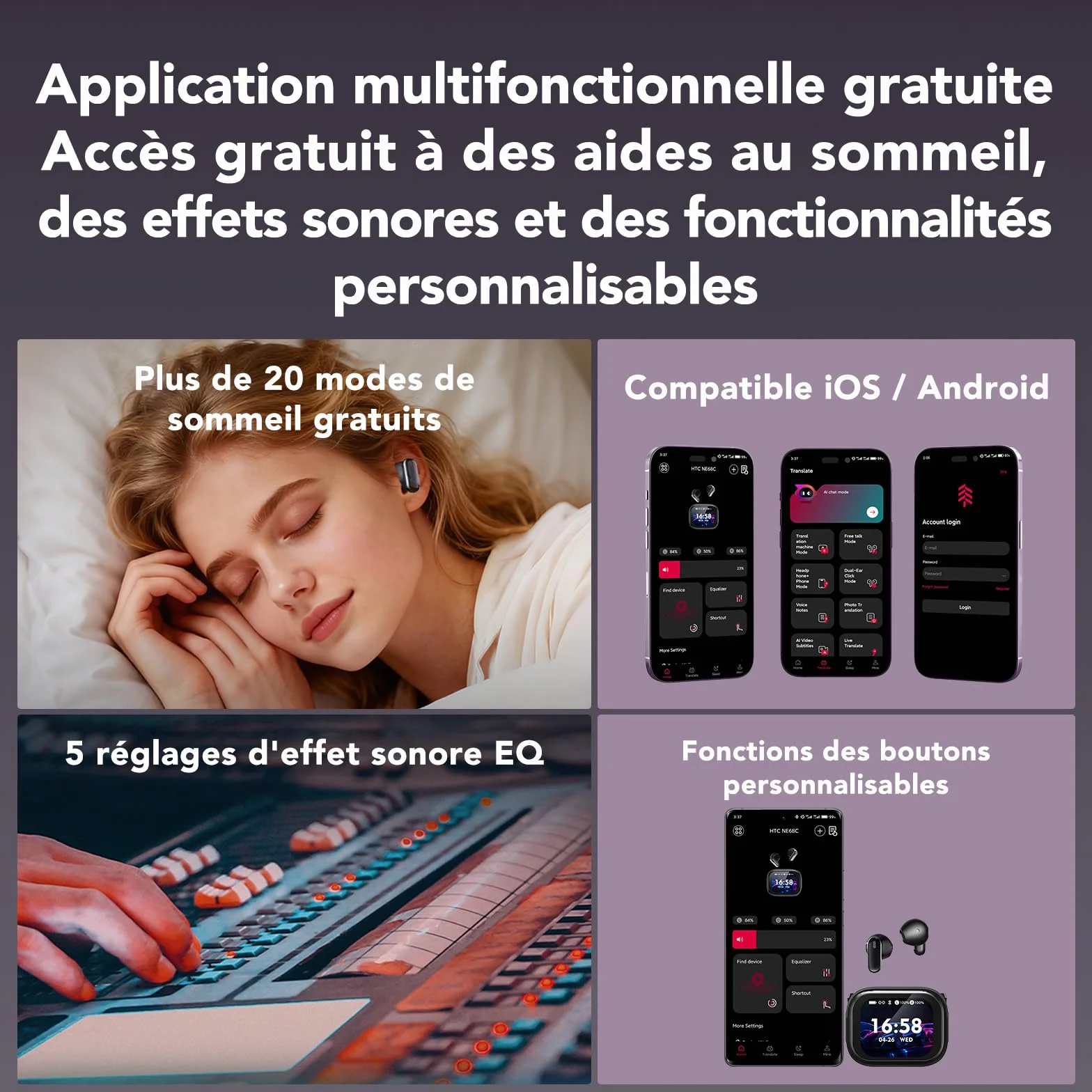 NE68 AI Écouteur Traducteur Instantané 150 Langues, ANC/ENC Réduction du Bruit, Écran Tactile LED, IPX5, 60H Autonomie