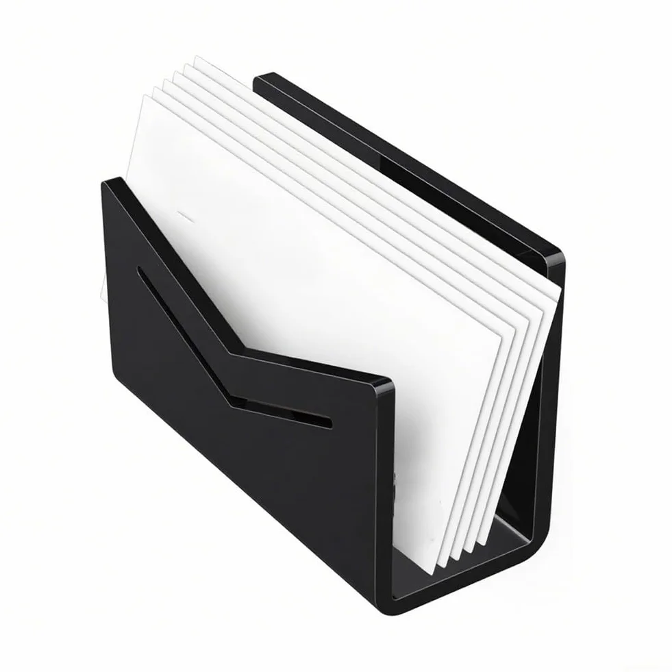 Trieur de courrier en acrylique noir vertical avec pieds caoutchouc pour organisation lettres documents
