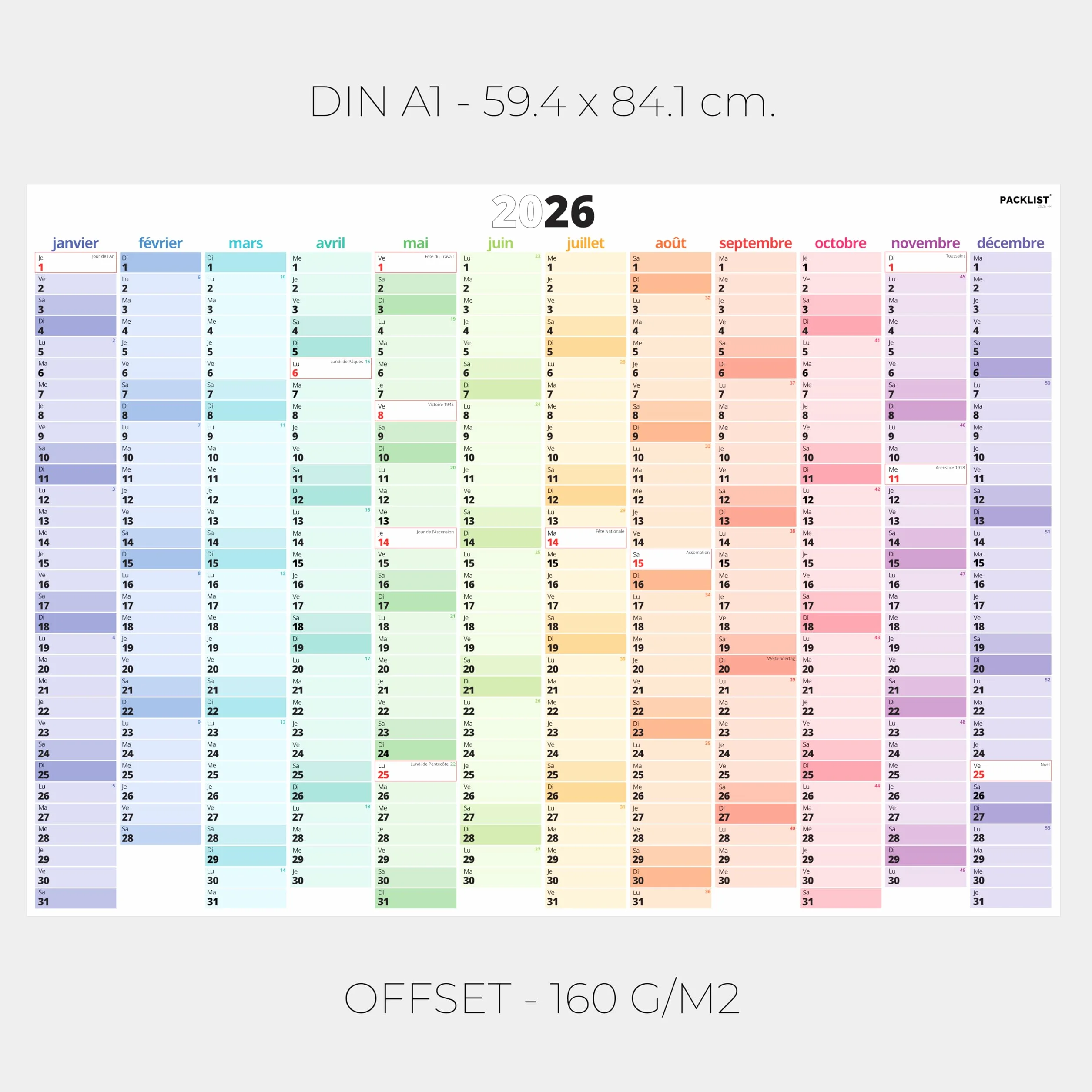 Grand Calendrier Mural 2026 XXL 84x60 cm Planificateur Annuel A1 avec Jours Fériés France Planning Familial Bureau