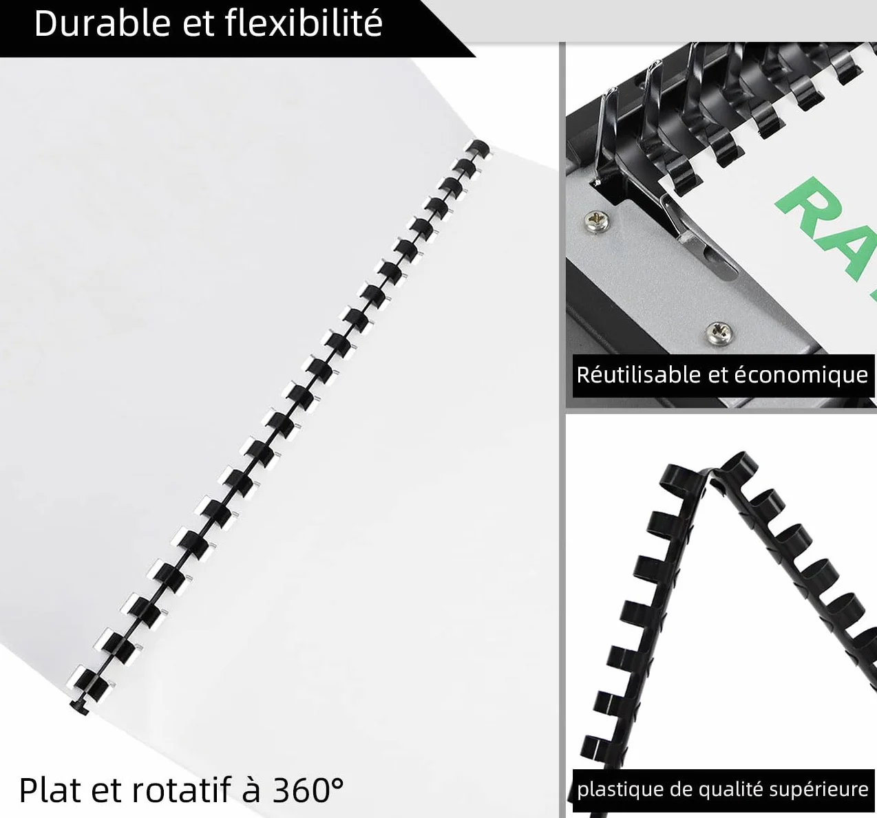 RAYSON Peignes de Reliure Plastique 8mm 40 Feuilles 21 Anneaux Noir 100 Pièces