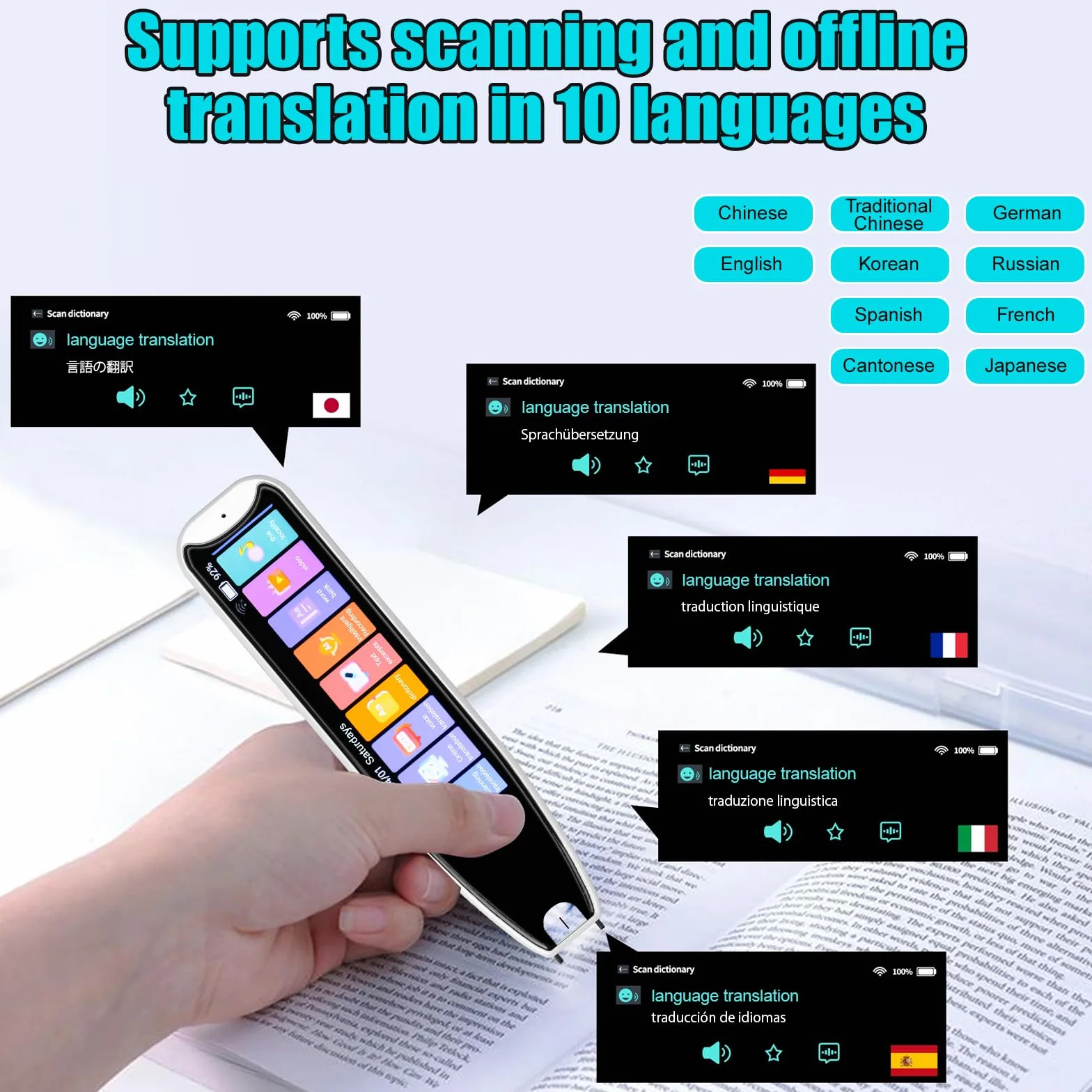 Stylo de Lecture Dyslexique OCR 142 Langues Offline Scanner Traducteur Blanc