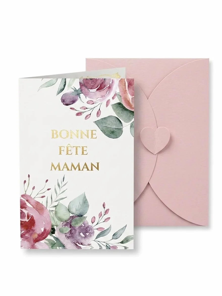 Carte de Vœux Bonne Fête Maman avec Enveloppe Nacrée Fermoir Cœur Motif Floral Aquarelle - Cadeau Fête des Mères