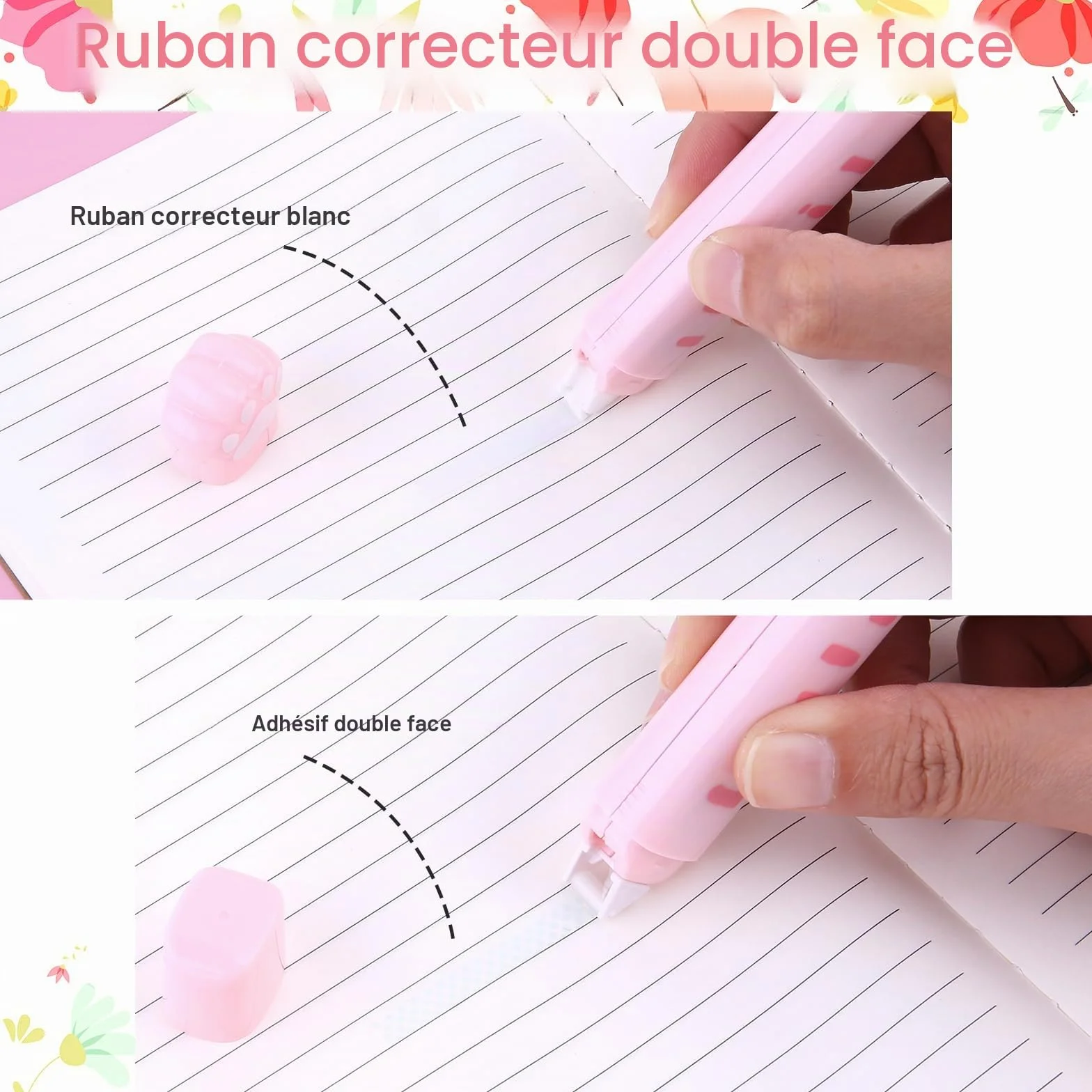 Lot de 7 articles de papeterie taille-crayon rétractable, ruban correcteur, gomme, notes adhésives, règle, mini ciseaux et cutter universel (rose)