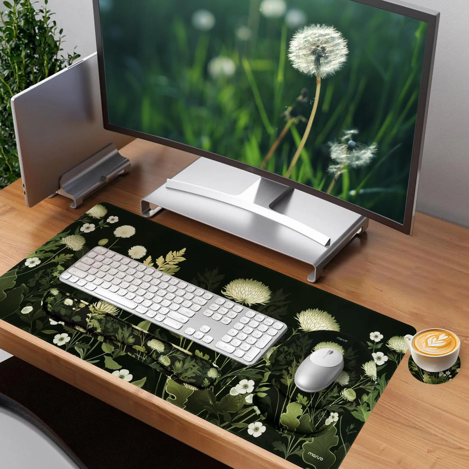 MOSISO Set Repose-poignet et Tapis de Souris Chrysanthème Sauvage Grand Format Ergonomique Antidérapant Mousse Mémoire Noir