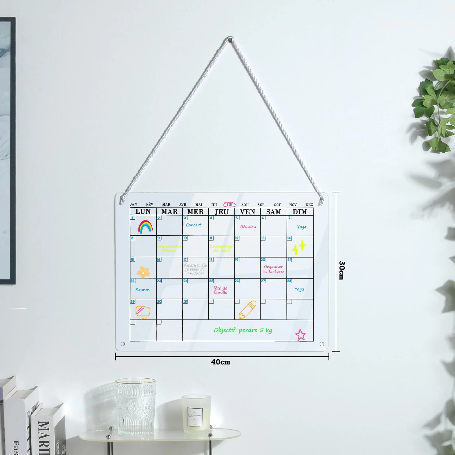 POPRUN Tableau Blanc Calendrier Mural Planning Semainier Mensuel Transparent Effaçable Planificateur Hebdomadaire Organisateur Familial