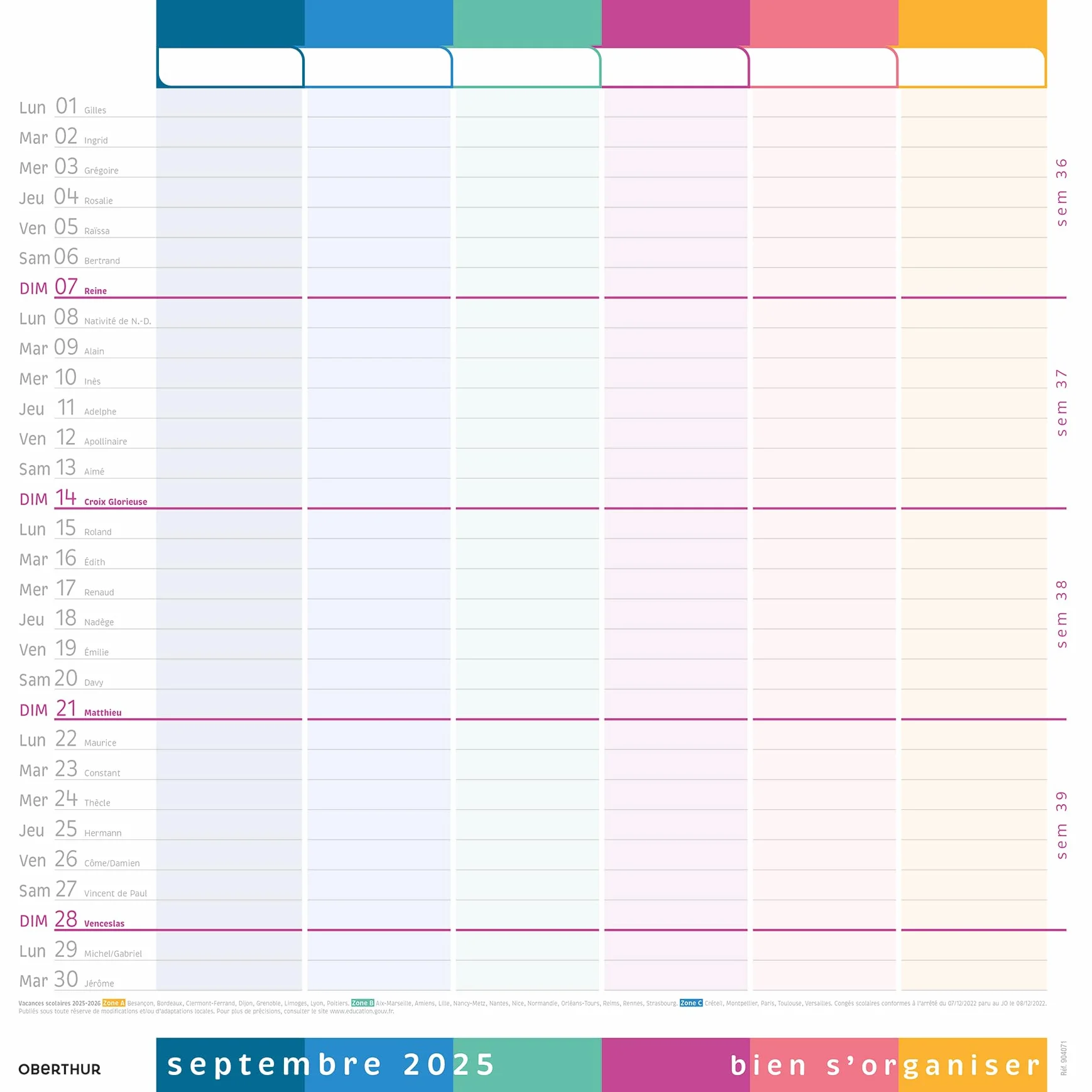 Oberthur Calendrier d'organisation 12 mois 30 x 30 cm Septembre 2026 à Août 2076