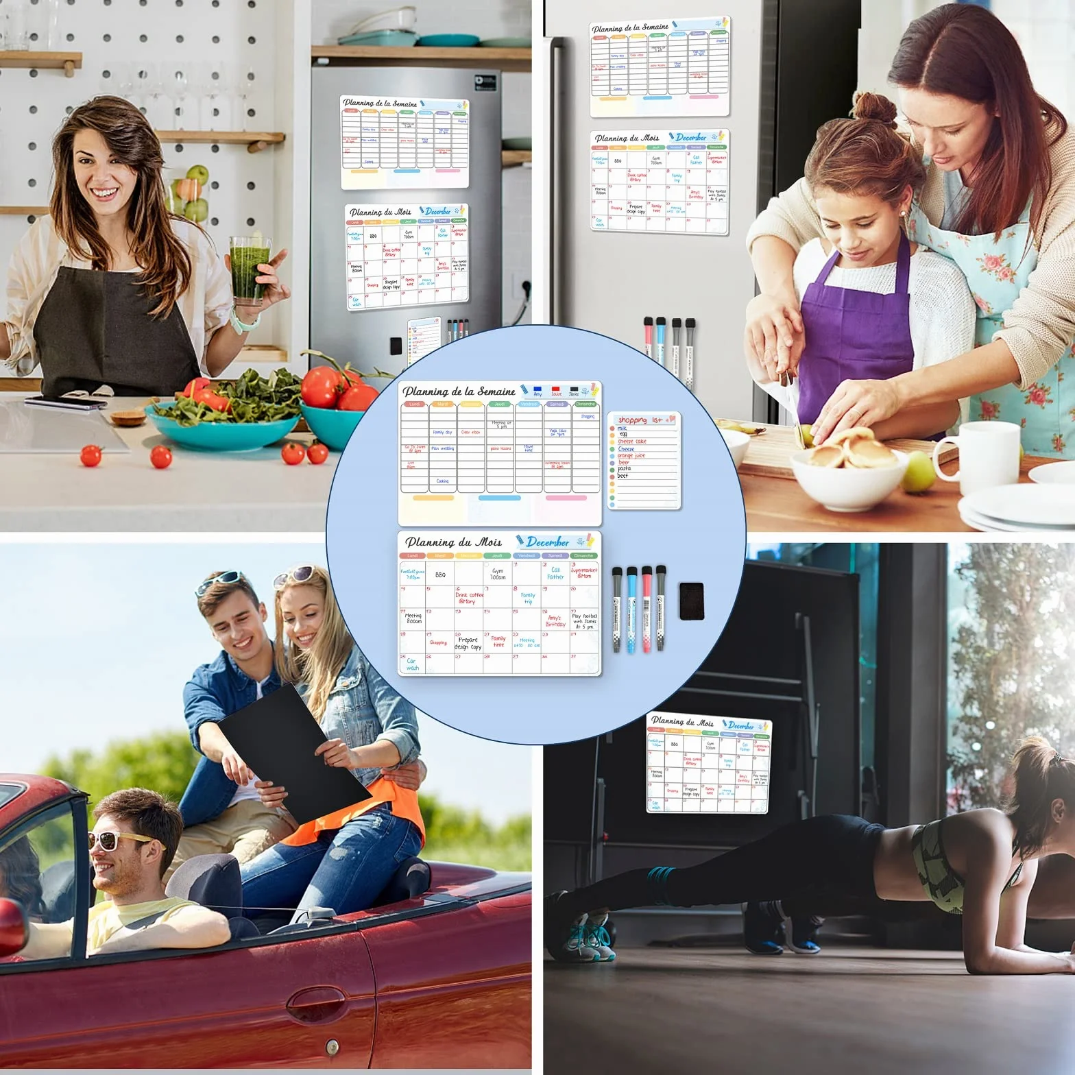 Calendrier Magnétique Effaçable à Sec pour Frigo, 3 Plannings Mensuel Hebdomadaire Quotidien, Tableau Blanc Aimanté avec 4 Marqueurs et 1 Gomme