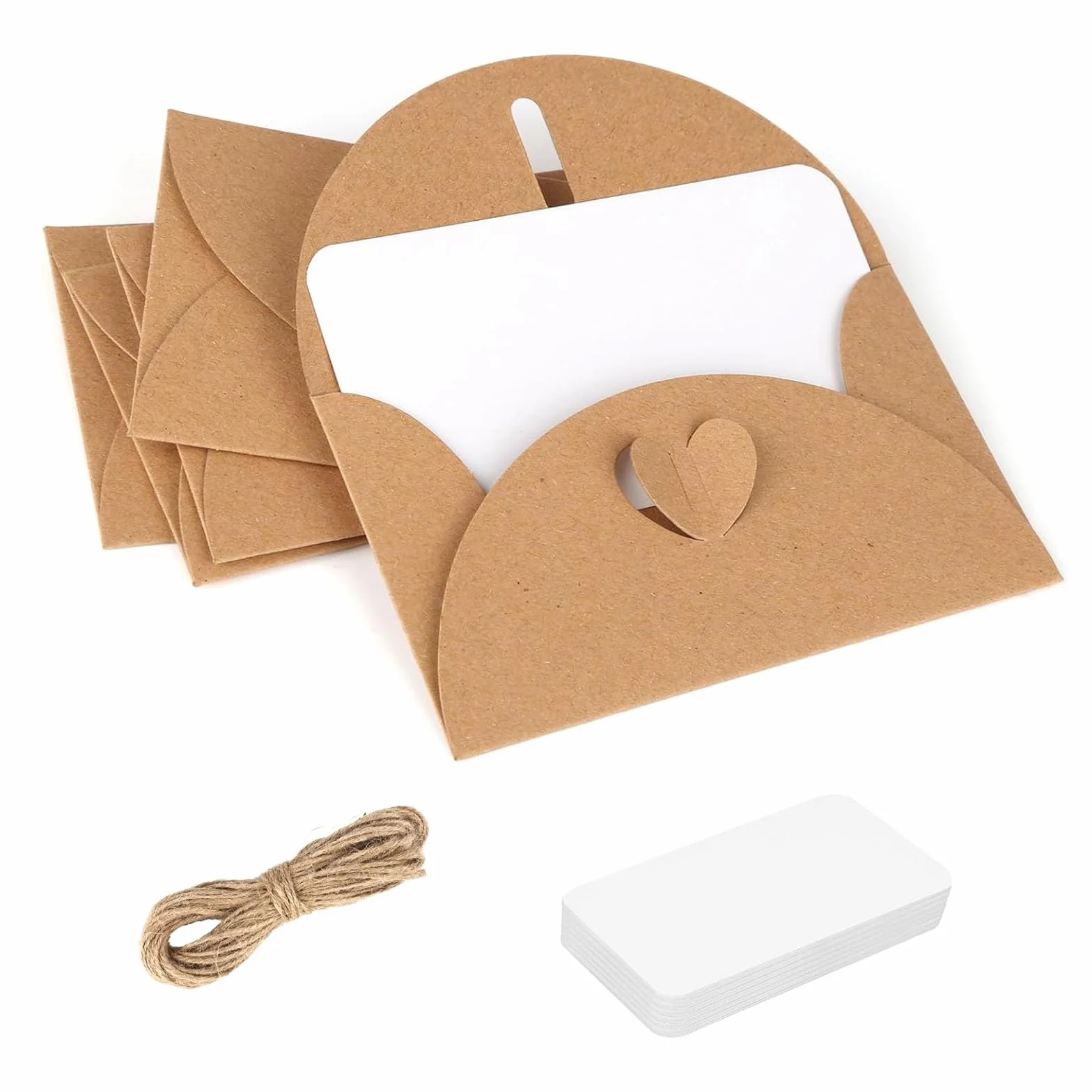 Lot de 50 mini enveloppes papier kraft vintage avec 100 cartes vierges et corde de chanvre, fermeture cœur