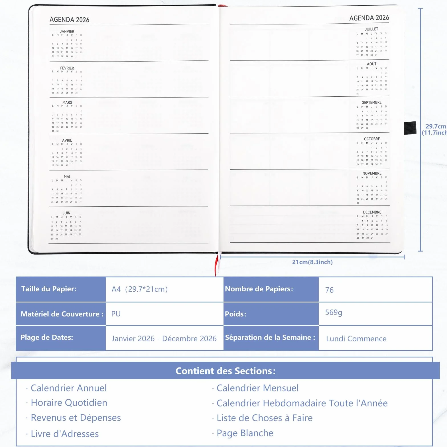 Agenda 2026 Semainier A4 Français Noir, Weekly Planner Horizontal Organiseur Hebdomadaire Professionnel Grand Format