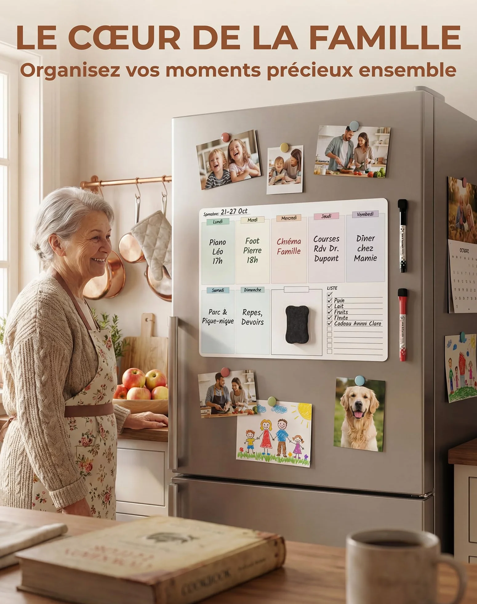 Frigo magnétique effaçable Semainier organisateur familial pour réfrigérateur Tableau blanc réutilisable menus tâches rendez-vous