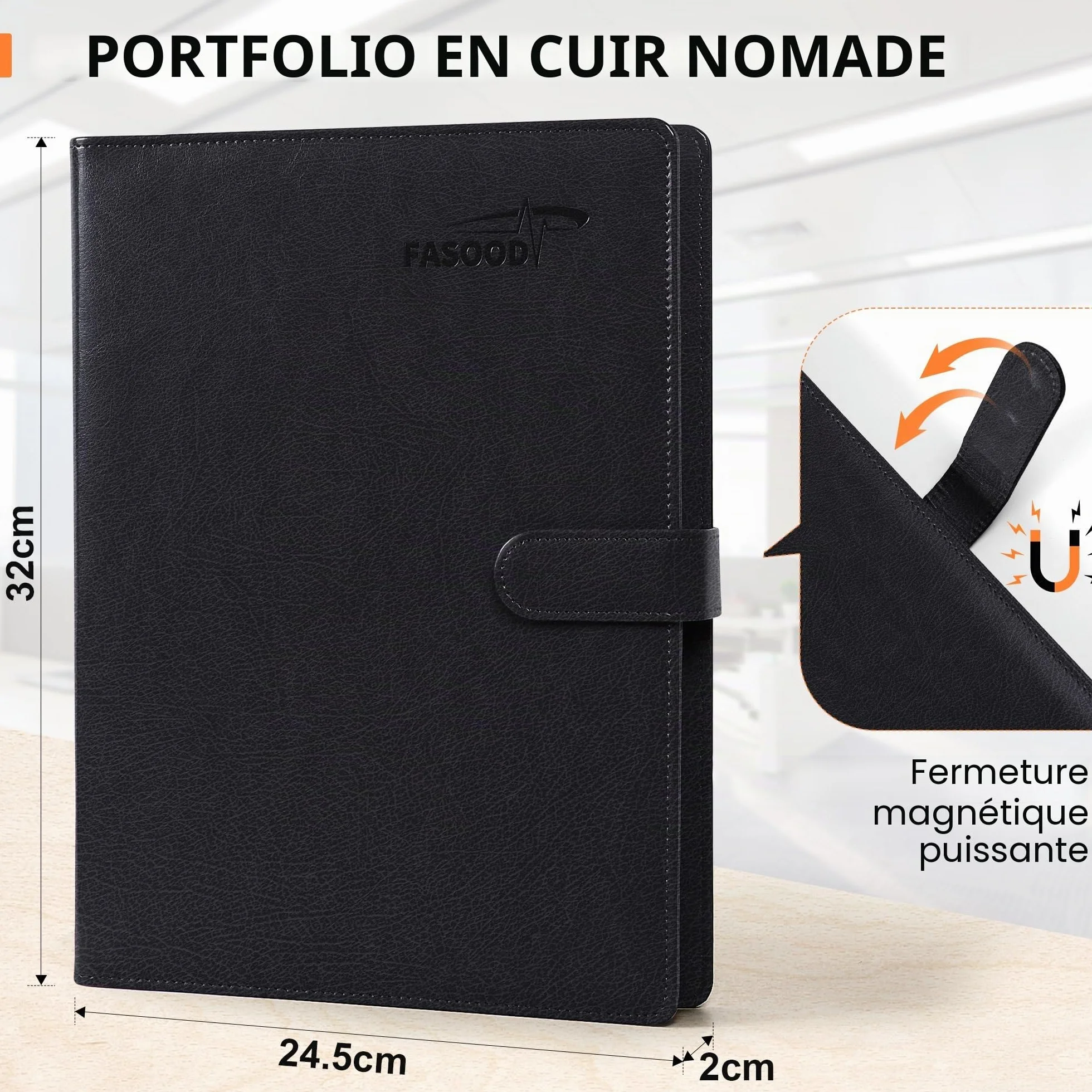 Conférencier A4 avec Porte Bloc, Porte Documents et Fermeture Magnétique (noir)