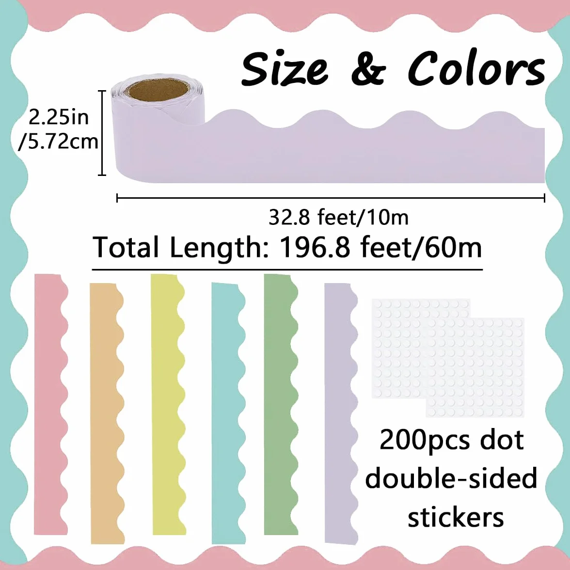 Acidea Lot de 6 rouleaux bordures festonnées tableau d'affichage 60 m couleur macaron