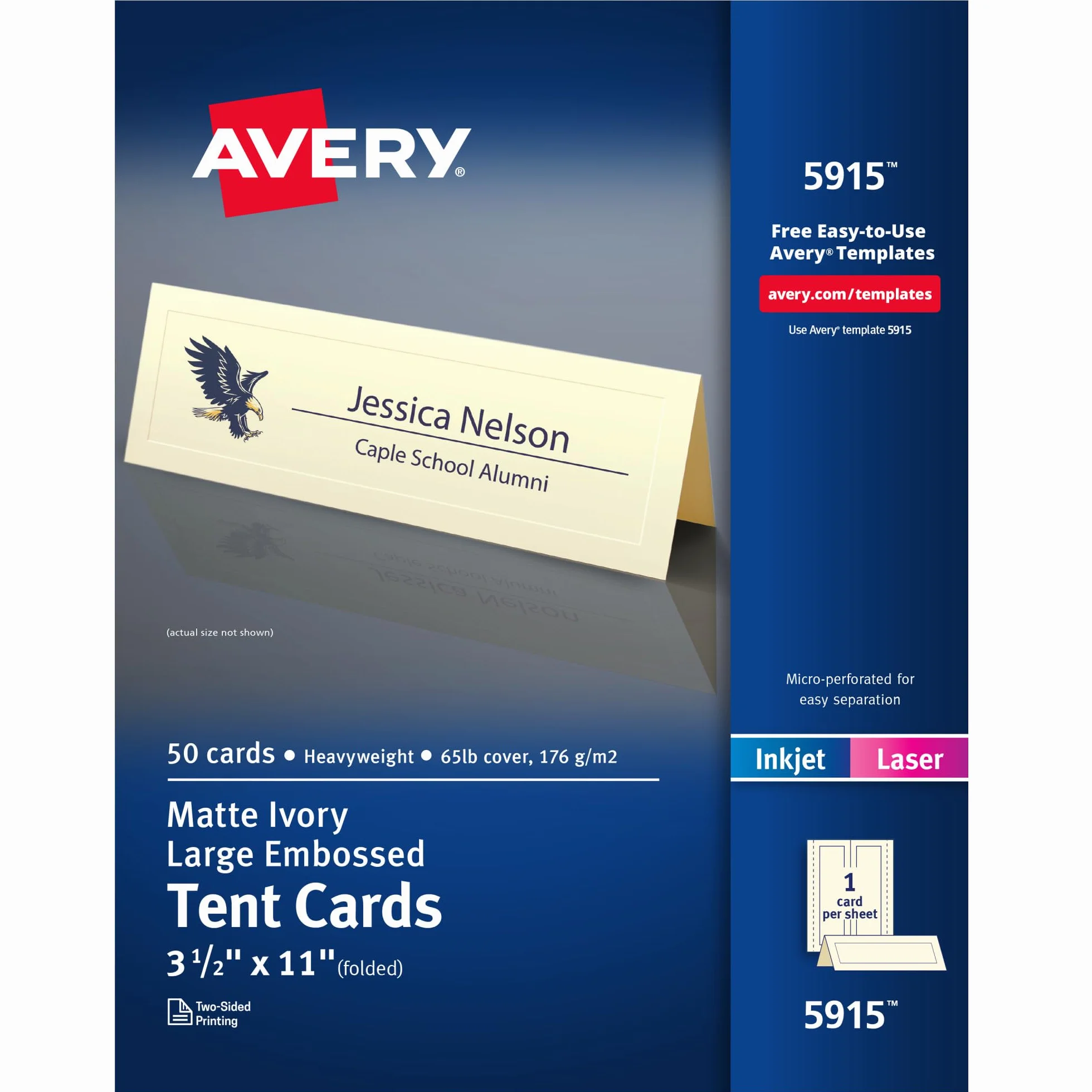AVERY Cartes de tente en relief 50 pièces 3-1/2 x 11 ivoire pour imprimantes laser/jet d'encre